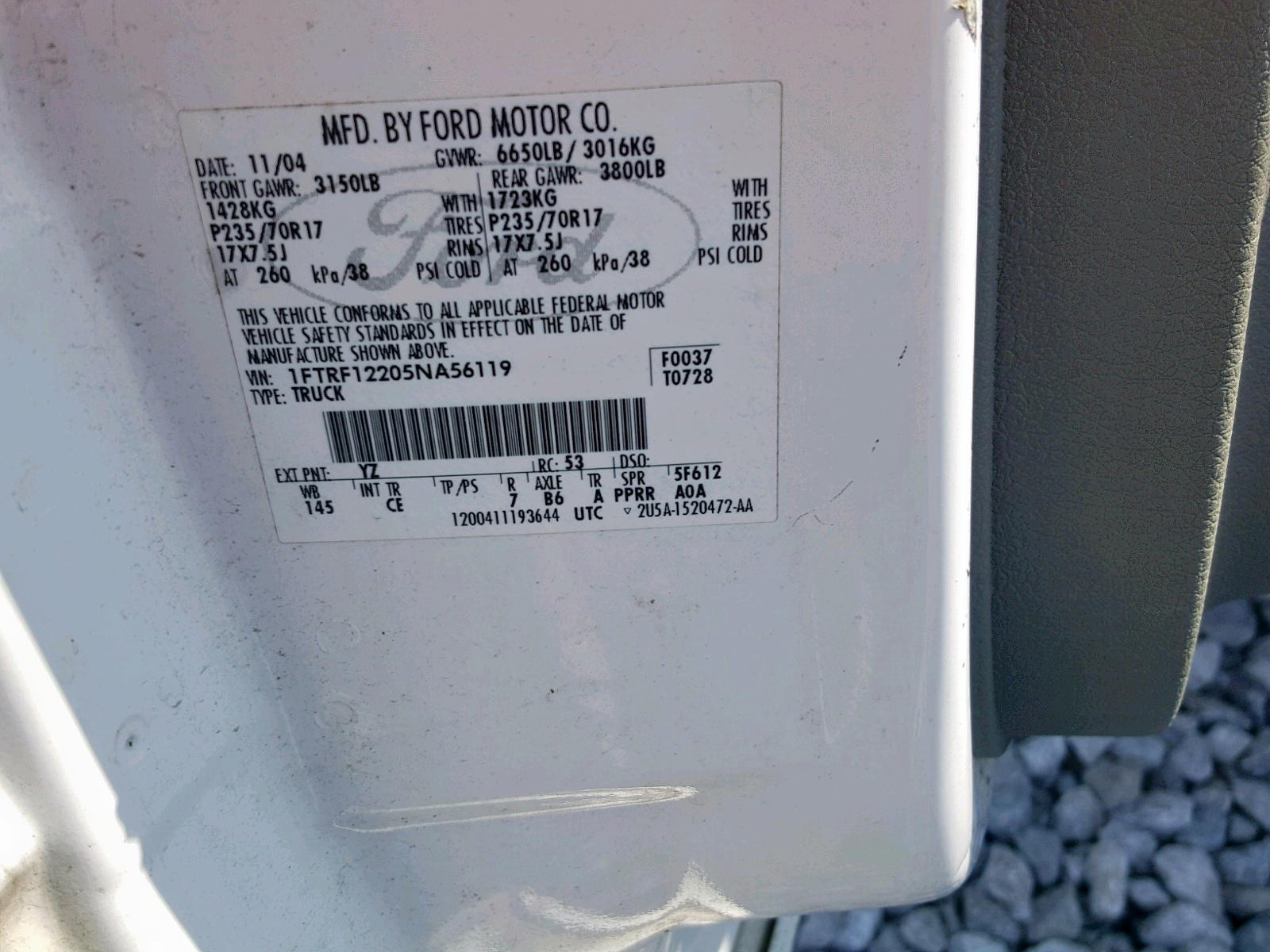 Photo 10 from auction – 2005 FORD F150 with VIN 1FTRF12205NA56119