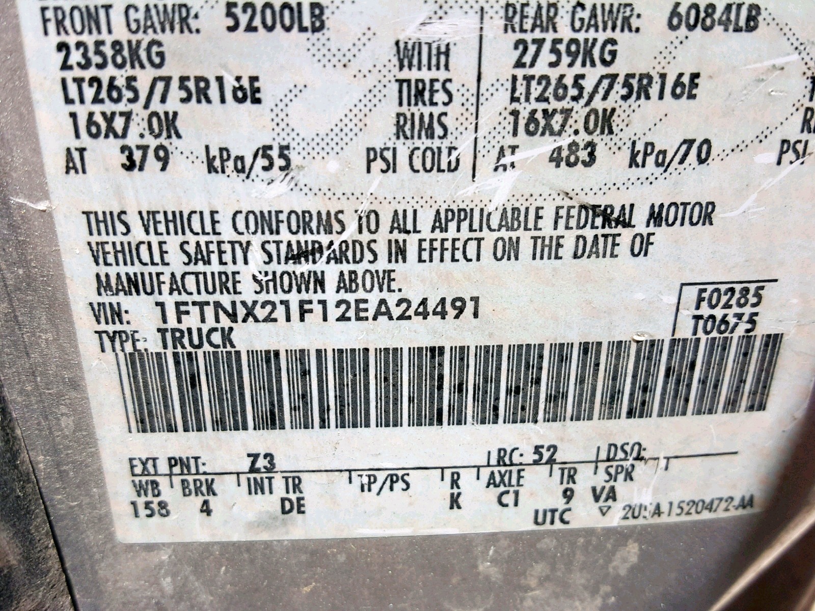 Photo 10 from auction – 2002 FORD F250 SUPER with VIN 1FTNX21F12EA24491