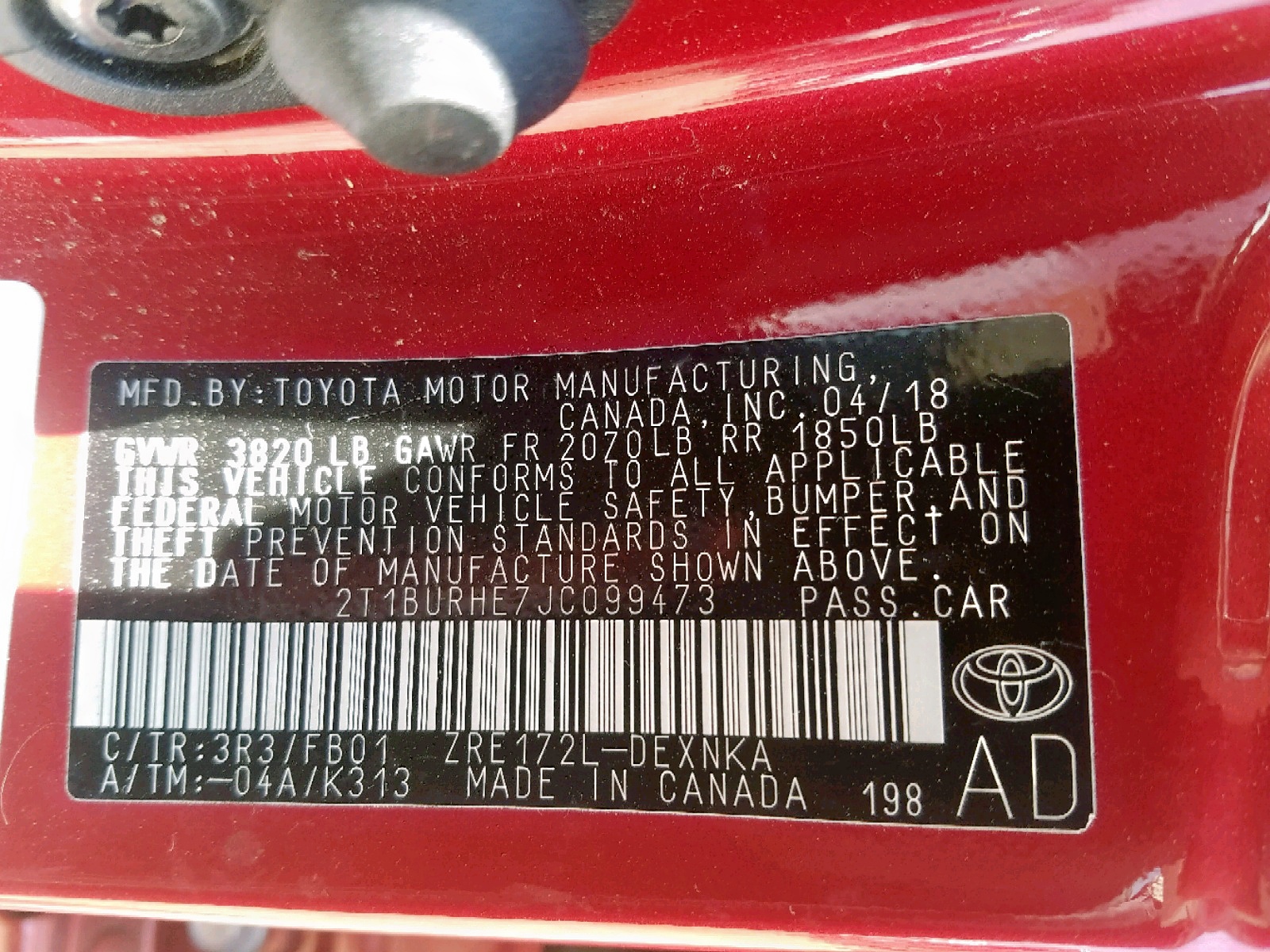 Photo 10 from auction – 2018 TOYOTA COROLLA L with VIN 2T1BURHE7JC099473