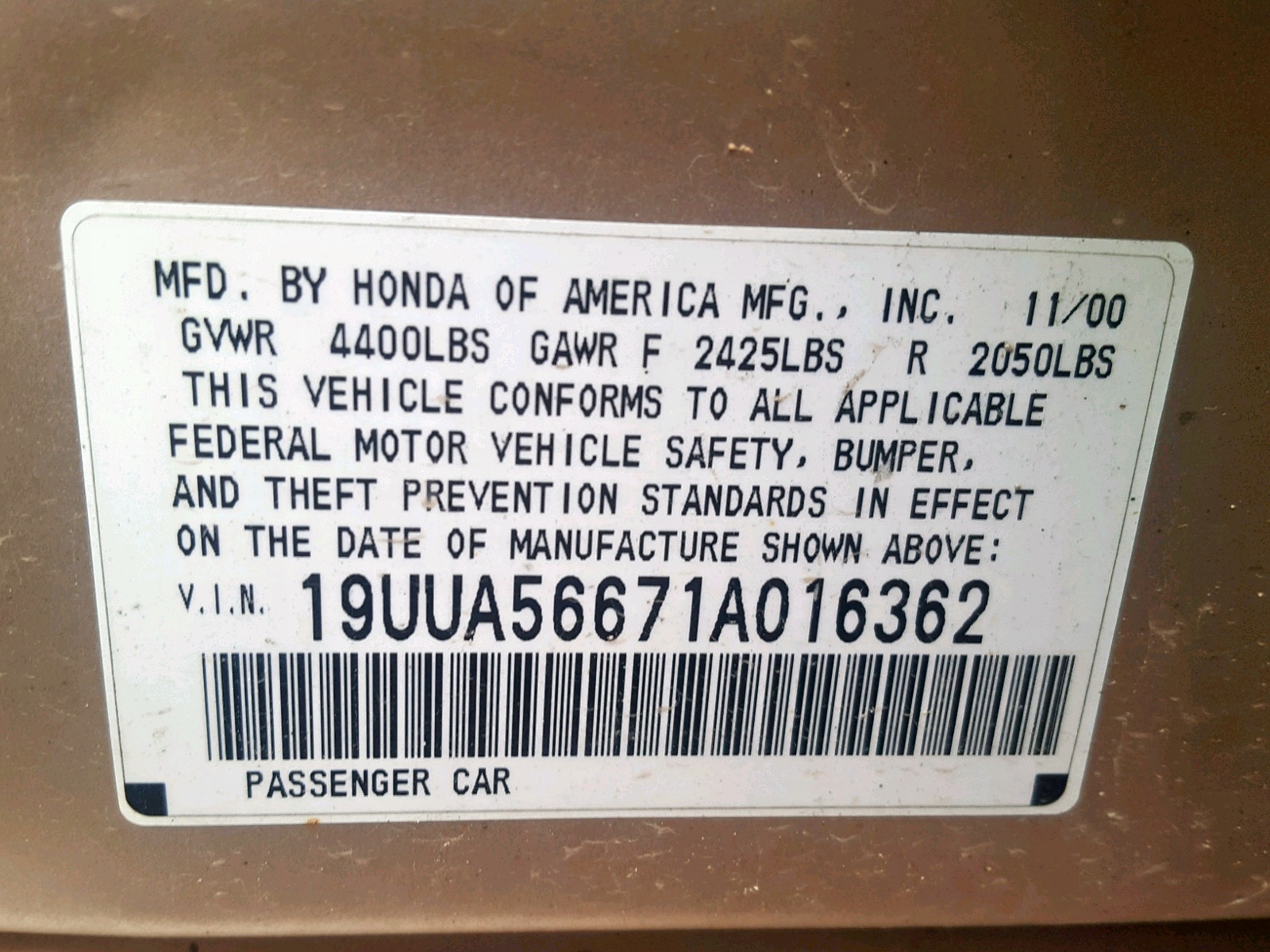 Photo 10 from auction – 2001 ACURA 3.2TL with VIN 19UUA56671A016362