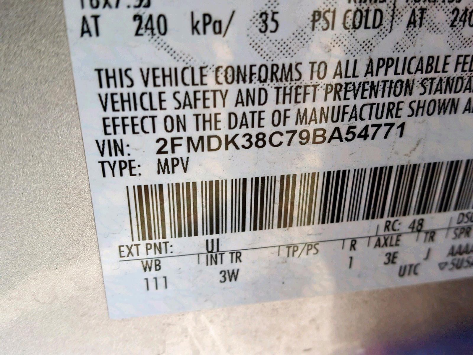 Photo 10 from auction – 2009 FORD EDGE SEL with VIN 2FMDK38C79BA54771