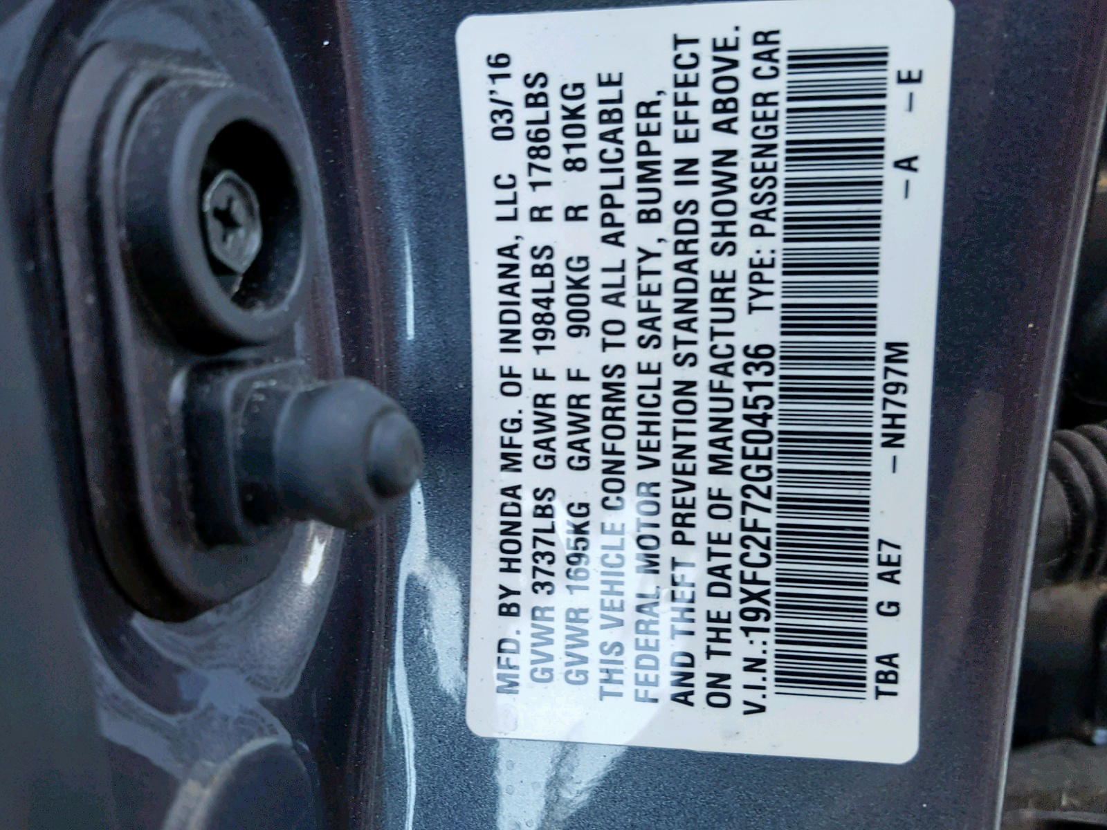 Photo 10 from auction – 2016 HONDA CIVIC EX with VIN 19XFC2F72GE045136