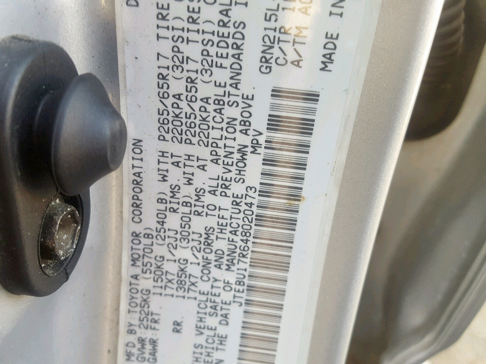 Photo 10 from auction – 2004 TOYOTA 4RUNNER LI with VIN JTEBU17R648020473
