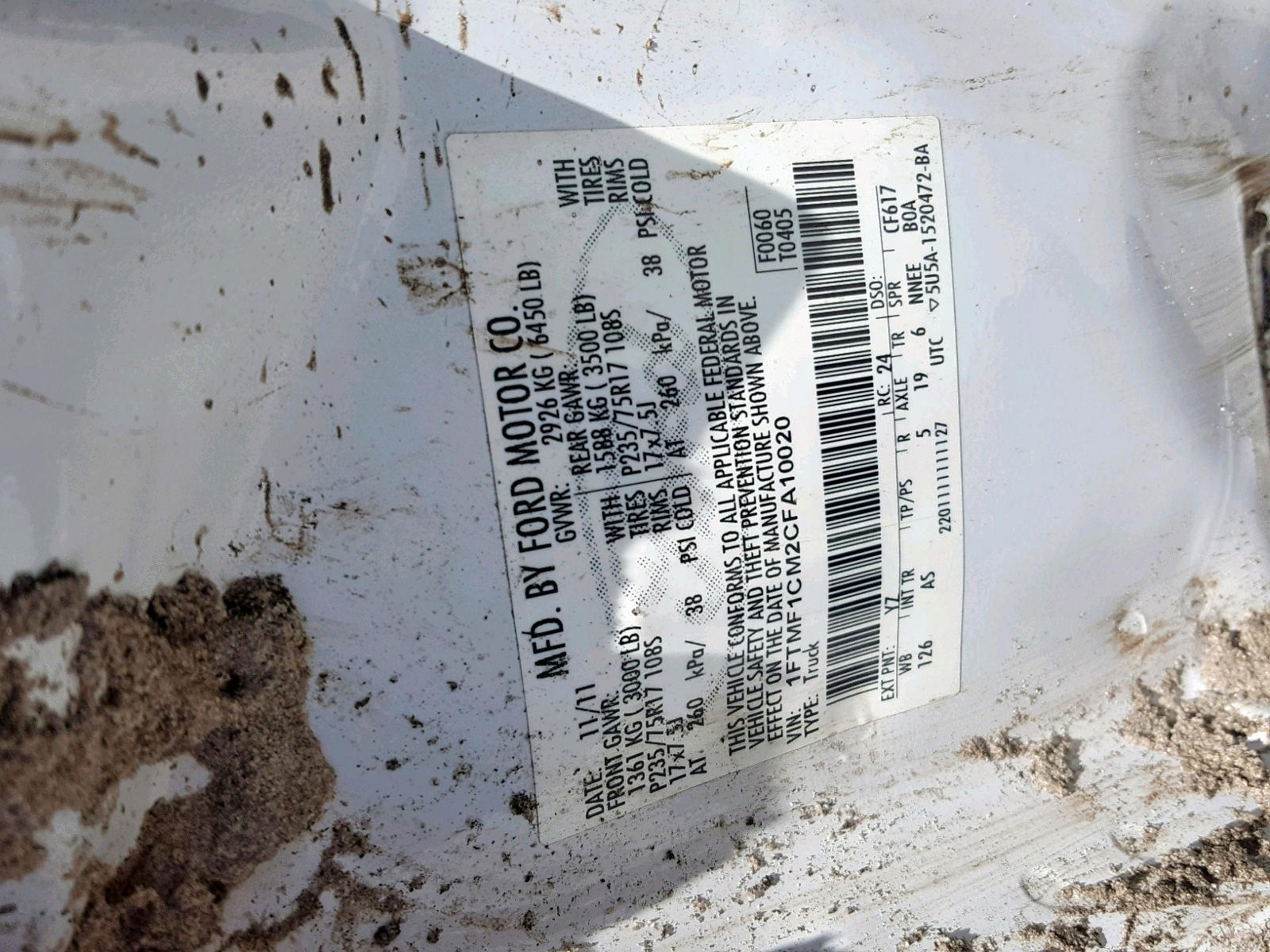 Photo 10 from auction – 2012 FORD F150 with VIN 1FTMF1CM2CFA10020