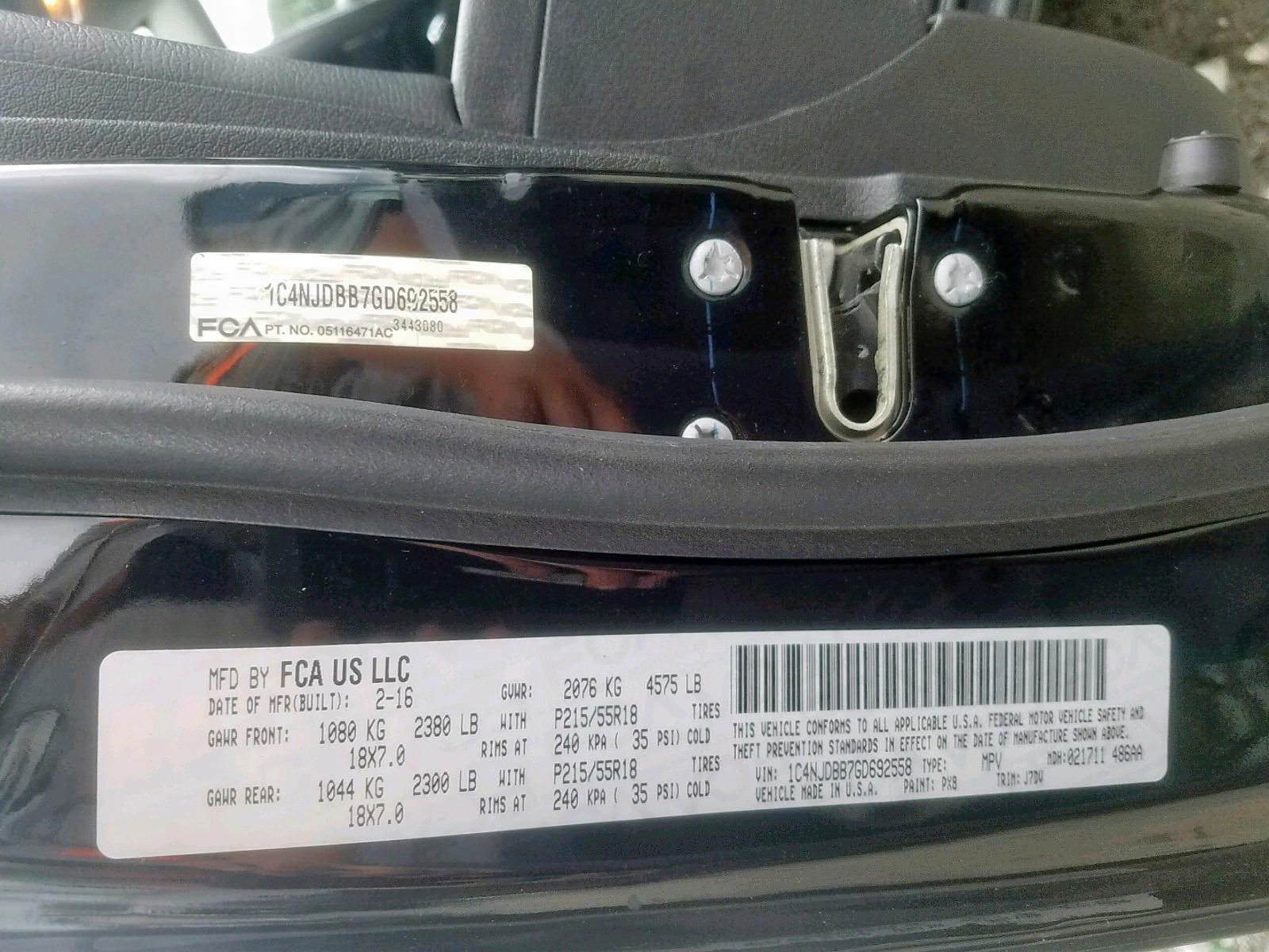 Photo 10 from auction – 2016 JEEP COMPASS SP with VIN 1C4NJDBB7GD692558