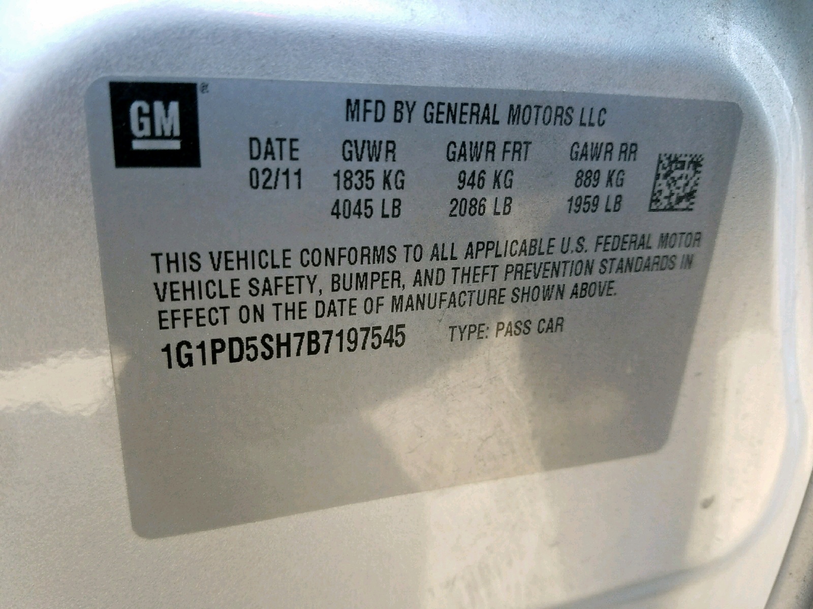 Photo 15 from auction – 2011 CHEVROLET CRUZE LS with VIN 1G1PD5SH7B7197545