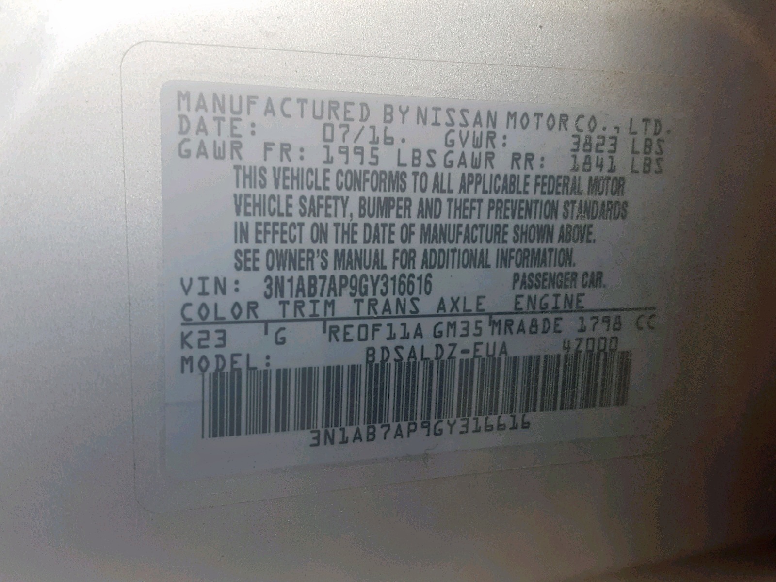Photo 10 from auction – 2016 NISSAN SENTRA S with VIN 3N1AB7AP9GY316616