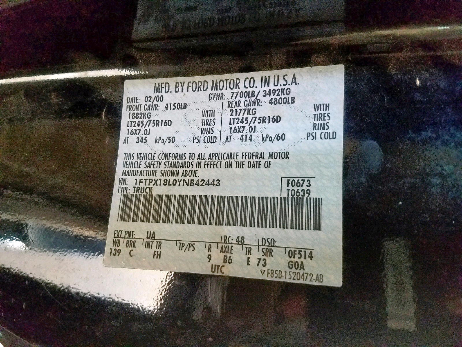 Photo 10 from auction – 2000 FORD F150 with VIN 1FTPX18L0YNB42443