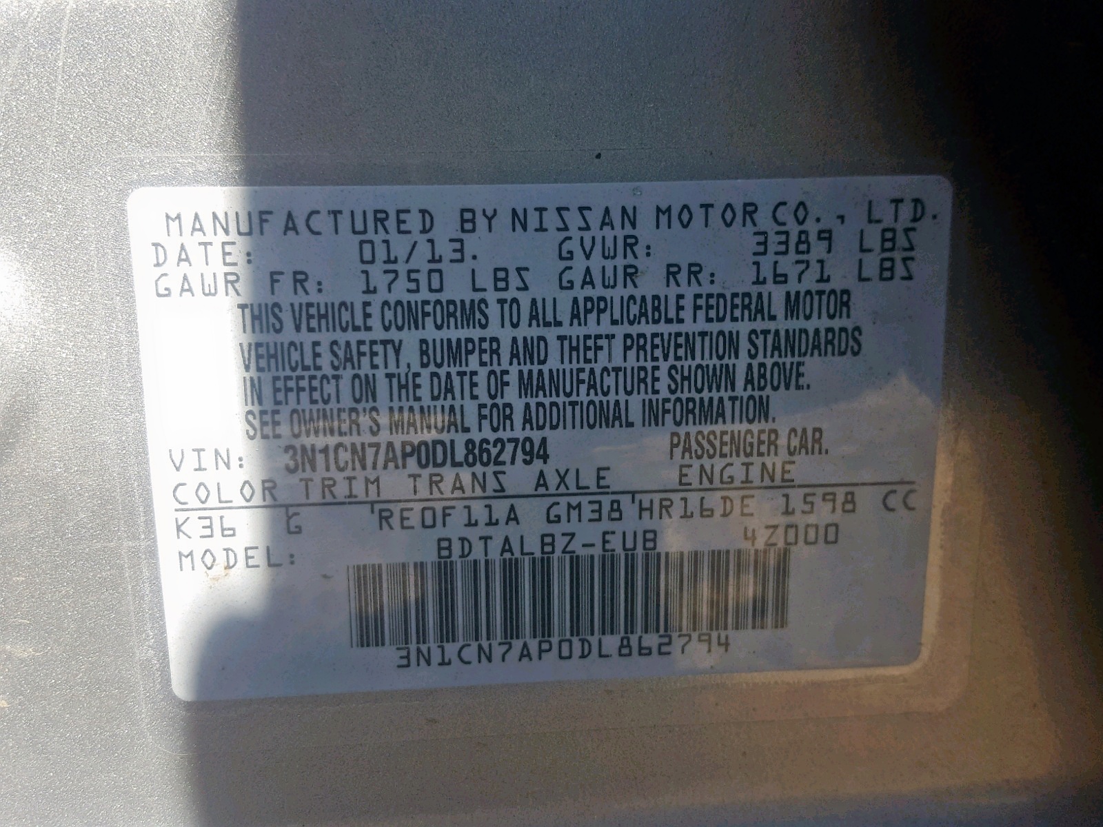 Photo 10 from auction – 2013 NISSAN VERSA S with VIN 3N1CN7AP0DL862794