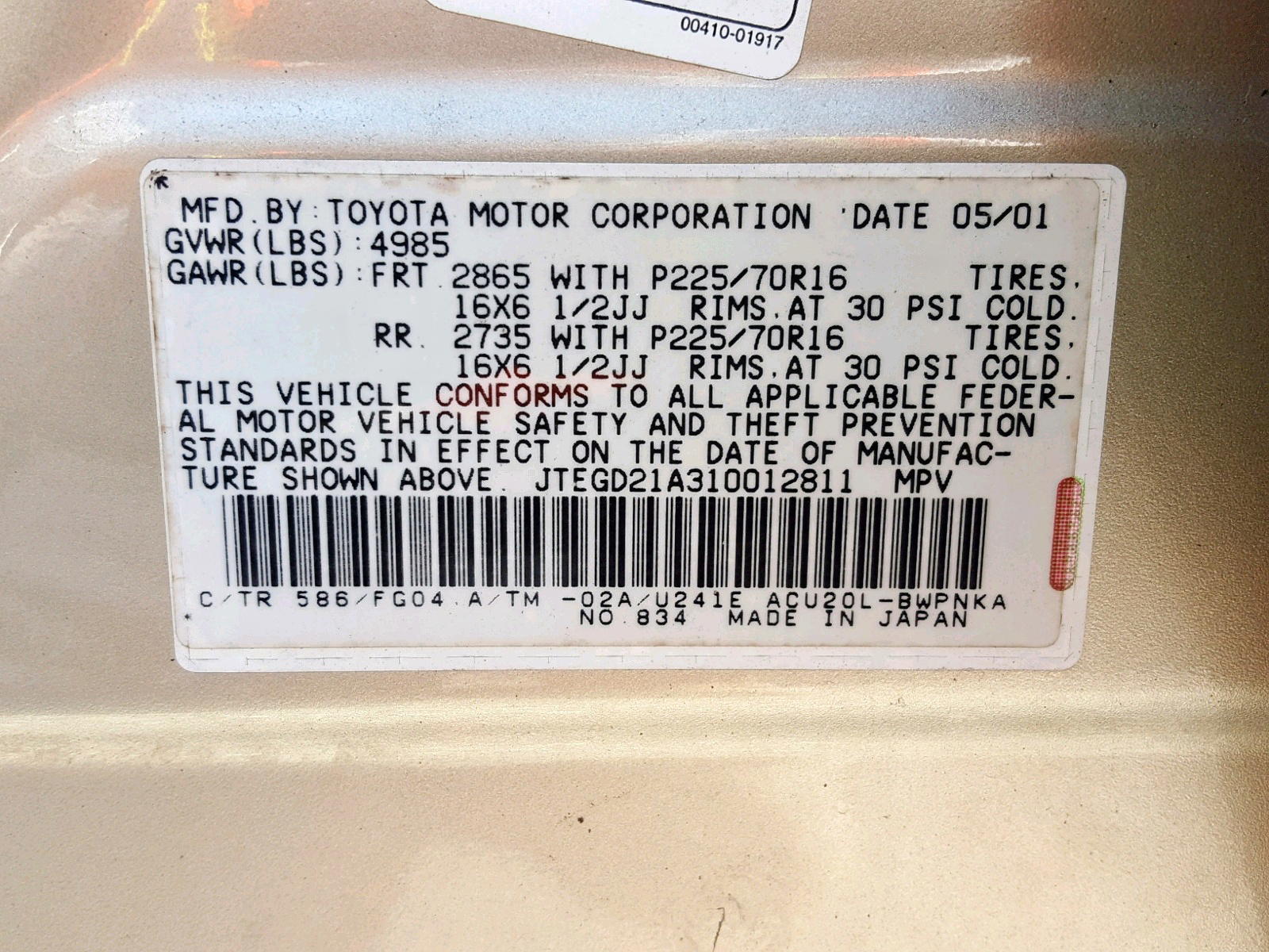 Photo 10 from auction – 2001 TOYOTA HIGHLANDER with VIN JTEGD21A310012811