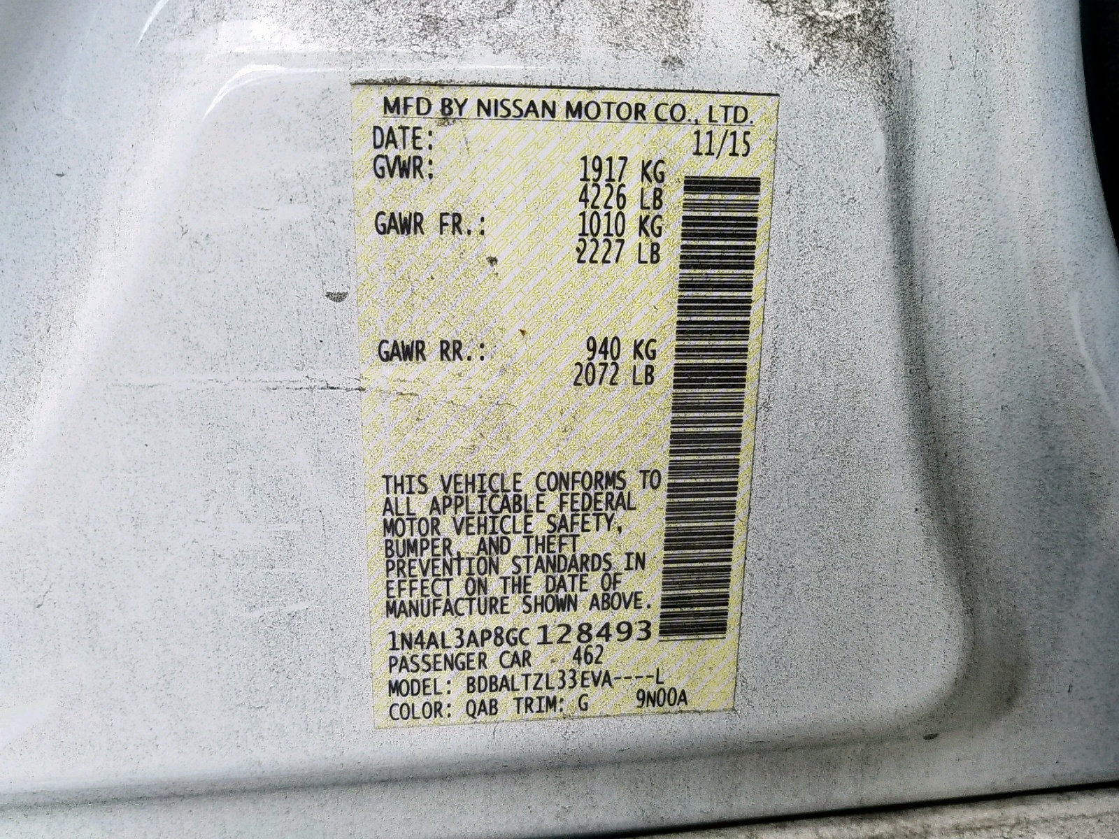 Photo 10 from auction – 2016 NISSAN ALTIMA 2.5 with VIN 1N4AL3AP8GC128493
