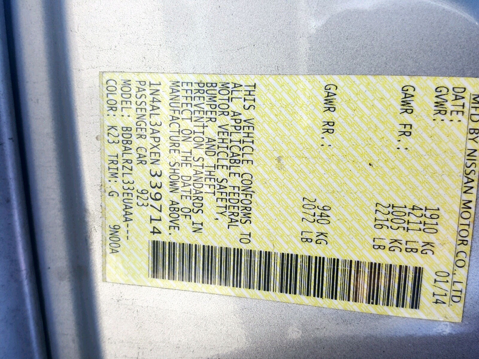 Photo 10 from auction – 2014 NISSAN ALTIMA 2.5 with VIN 1N4AL3APXEN339714