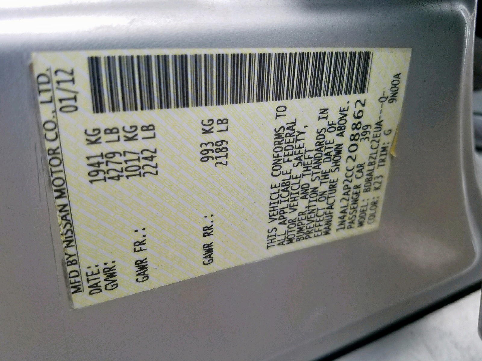 Photo 10 from auction – 2012 NISSAN ALTIMA BAS with VIN 1N4AL2AP2CC208862