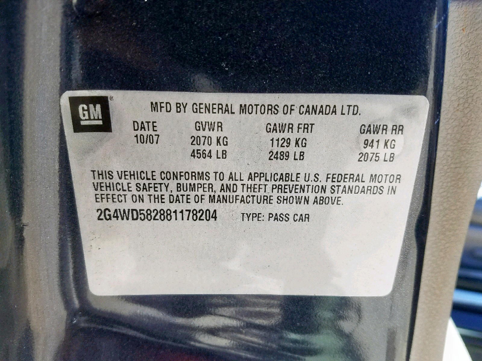 Photo 10 from auction – 2008 BUICK LACROSSE C with VIN 2G4WD582881178204
