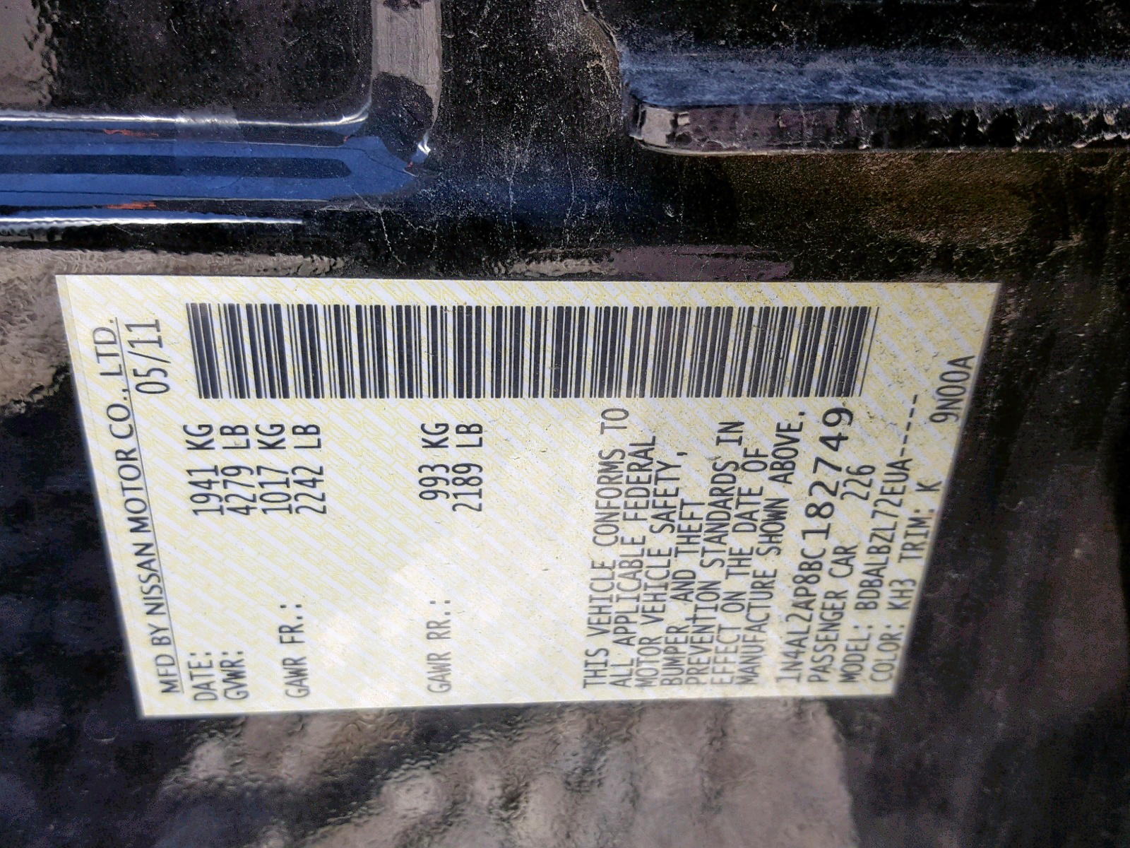 Photo 10 from auction – 2011 NISSAN ALTIMA BAS with VIN 1N4AL2AP8BC182749