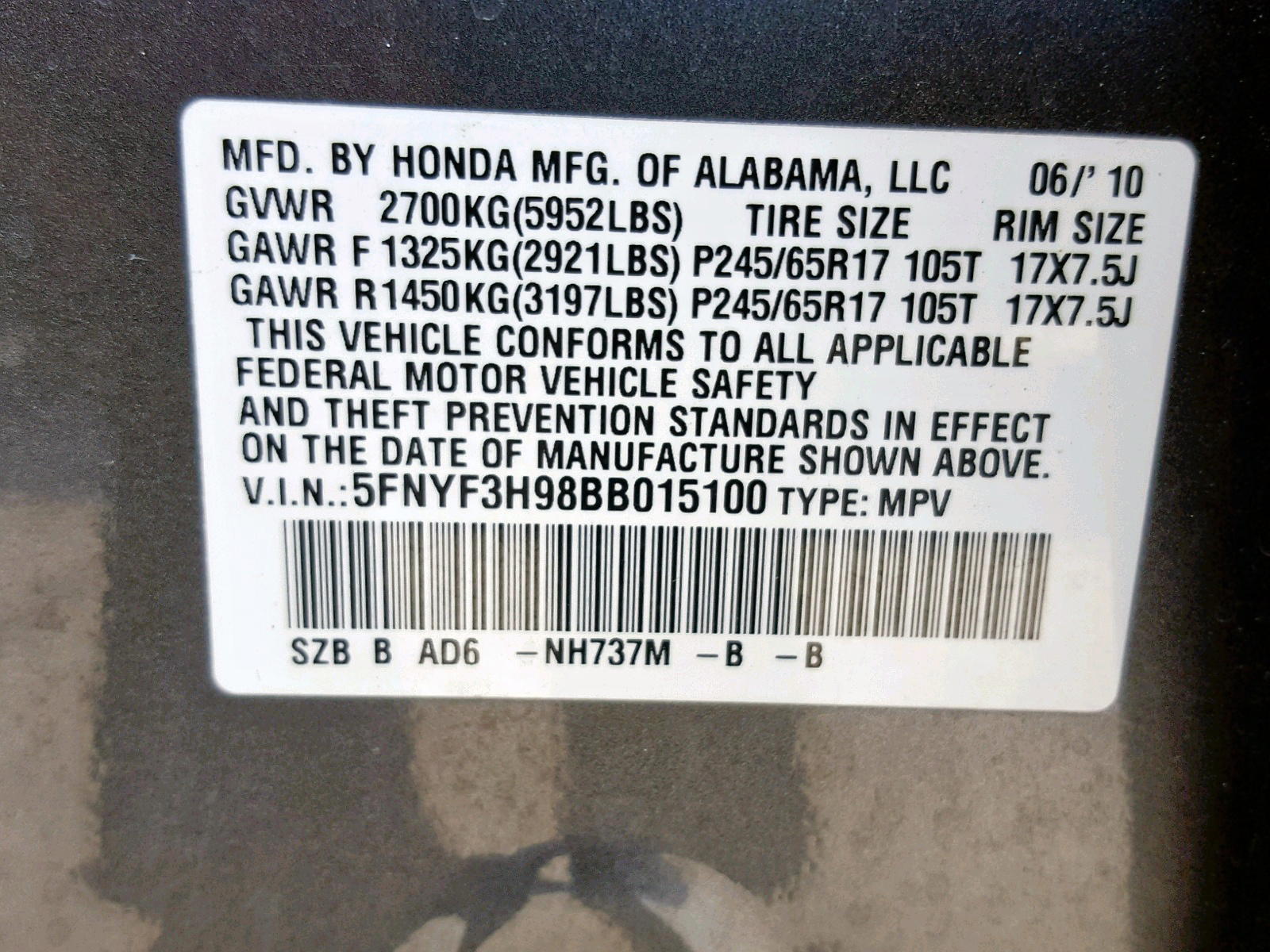 Photo 10 from auction – 2011 HONDA PILOT TOUR with VIN 5FNYF3H98BB015100