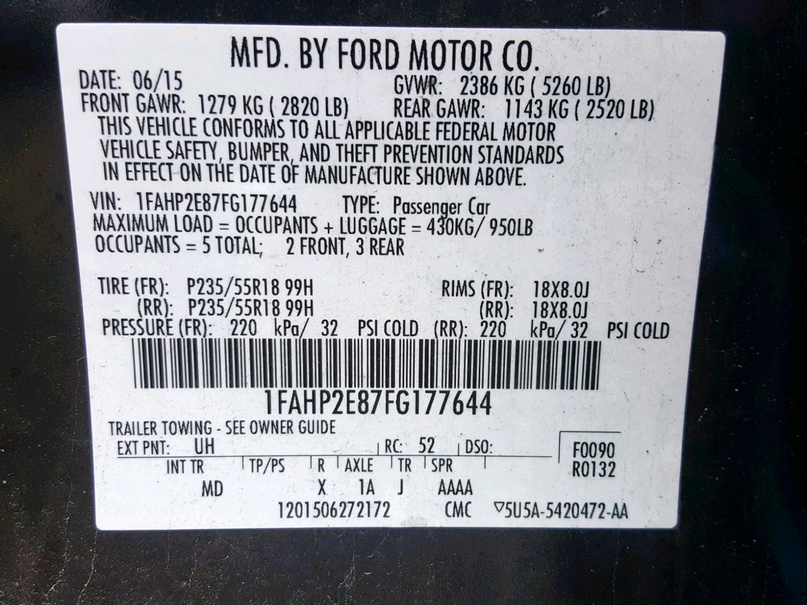 Photo 10 from auction – 2015 FORD TAURUS SEL with VIN 1FAHP2E87FG177644