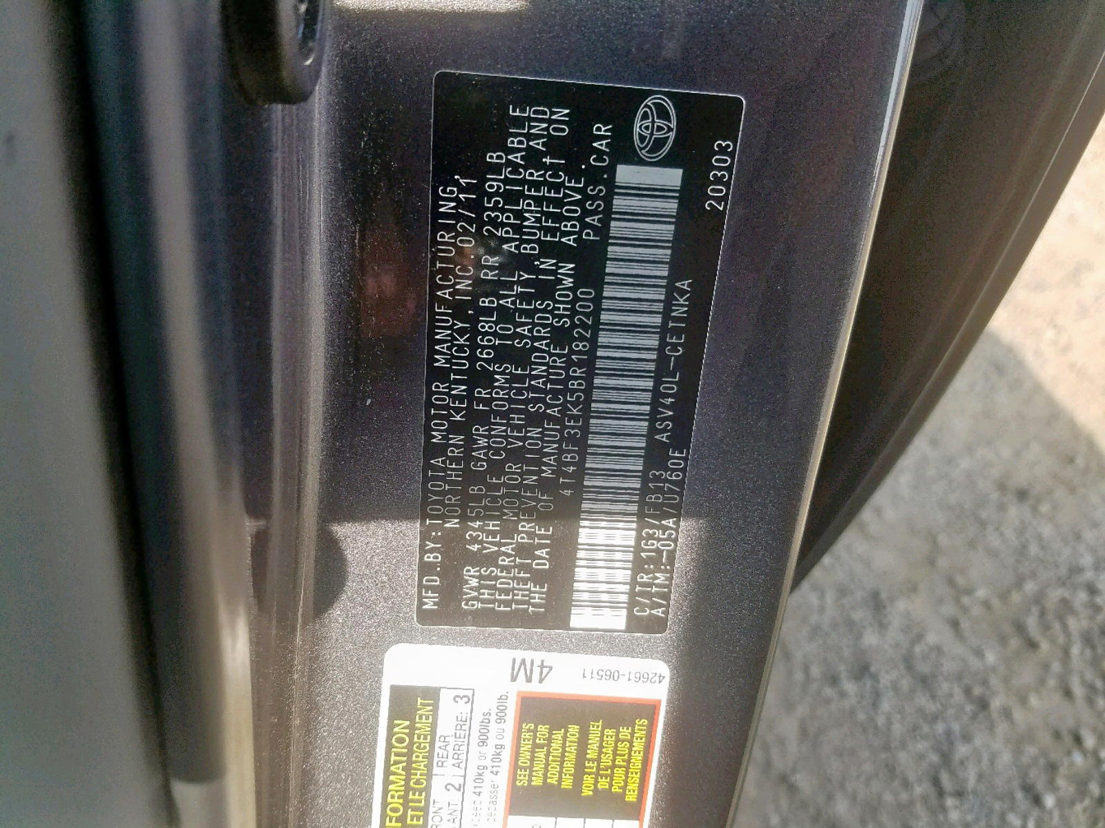 Photo 10 from auction – 2011 TOYOTA CAMRY BASE with VIN 4T4BF3EK5BR182200