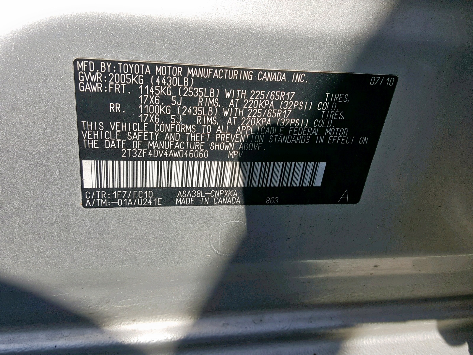 Photo 10 from auction – 2010 TOYOTA RAV4 with VIN 2T3ZF4DV4AW046060