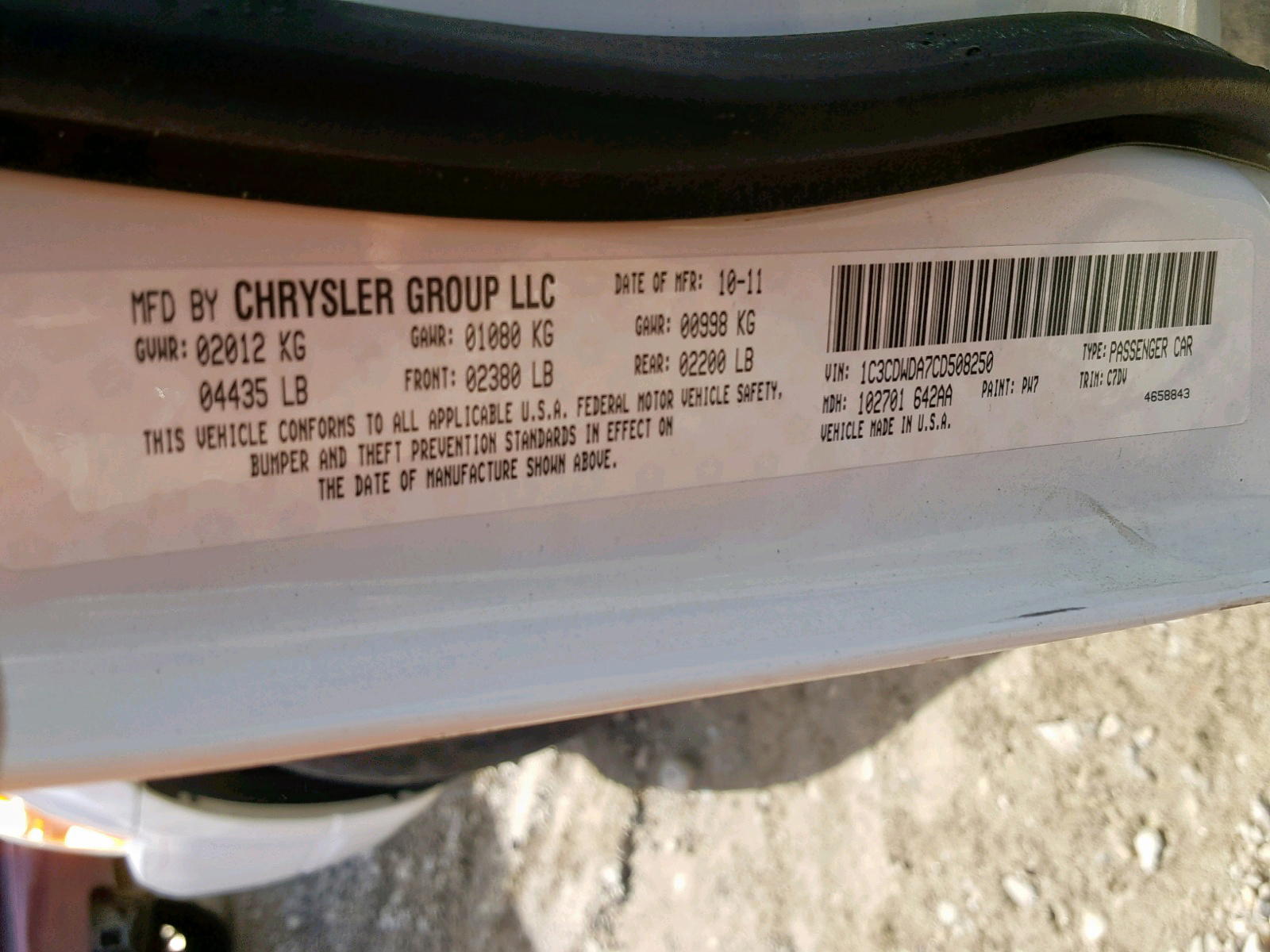Photo 10 from auction – 2012 DODGE CALIBER SX with VIN 1C3CDWDA7CD508250