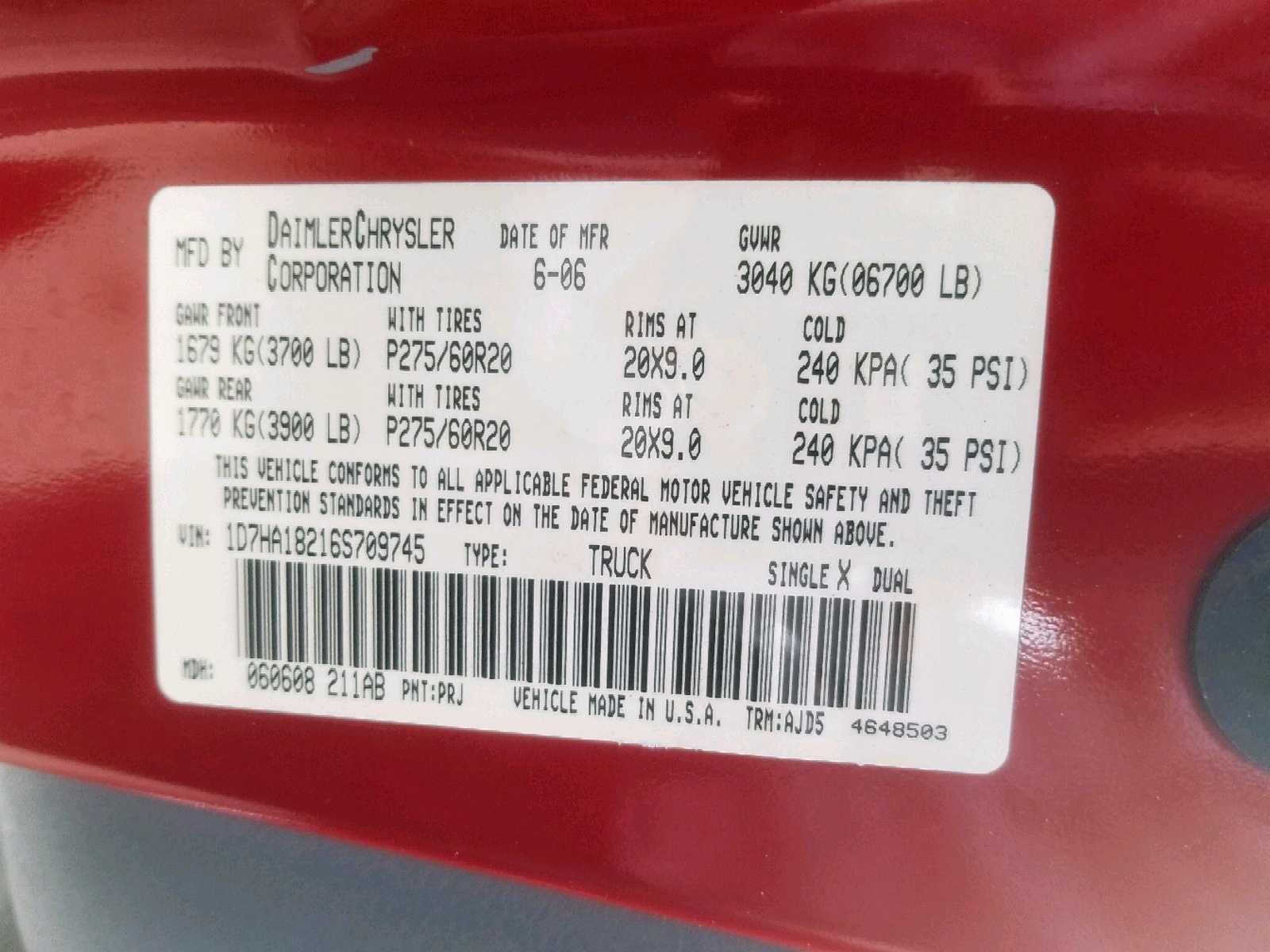 Photo 10 from auction – 2006 DODGE RAM 1500 S with VIN 1D7HA18216S709745