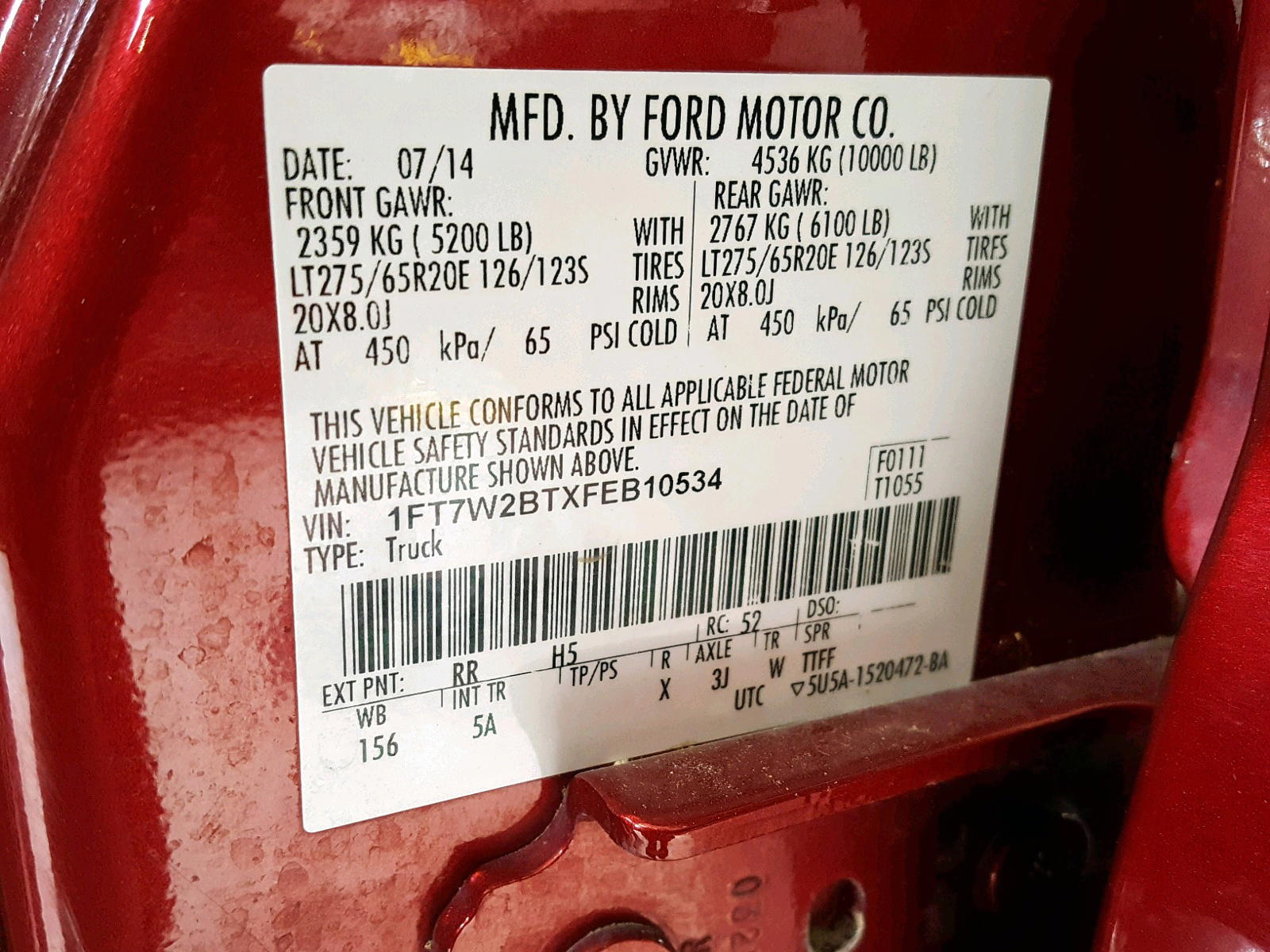 Photo 10 from auction – 2015 FORD F250 SUPER with VIN 1FT7W2BTXFEB10534
