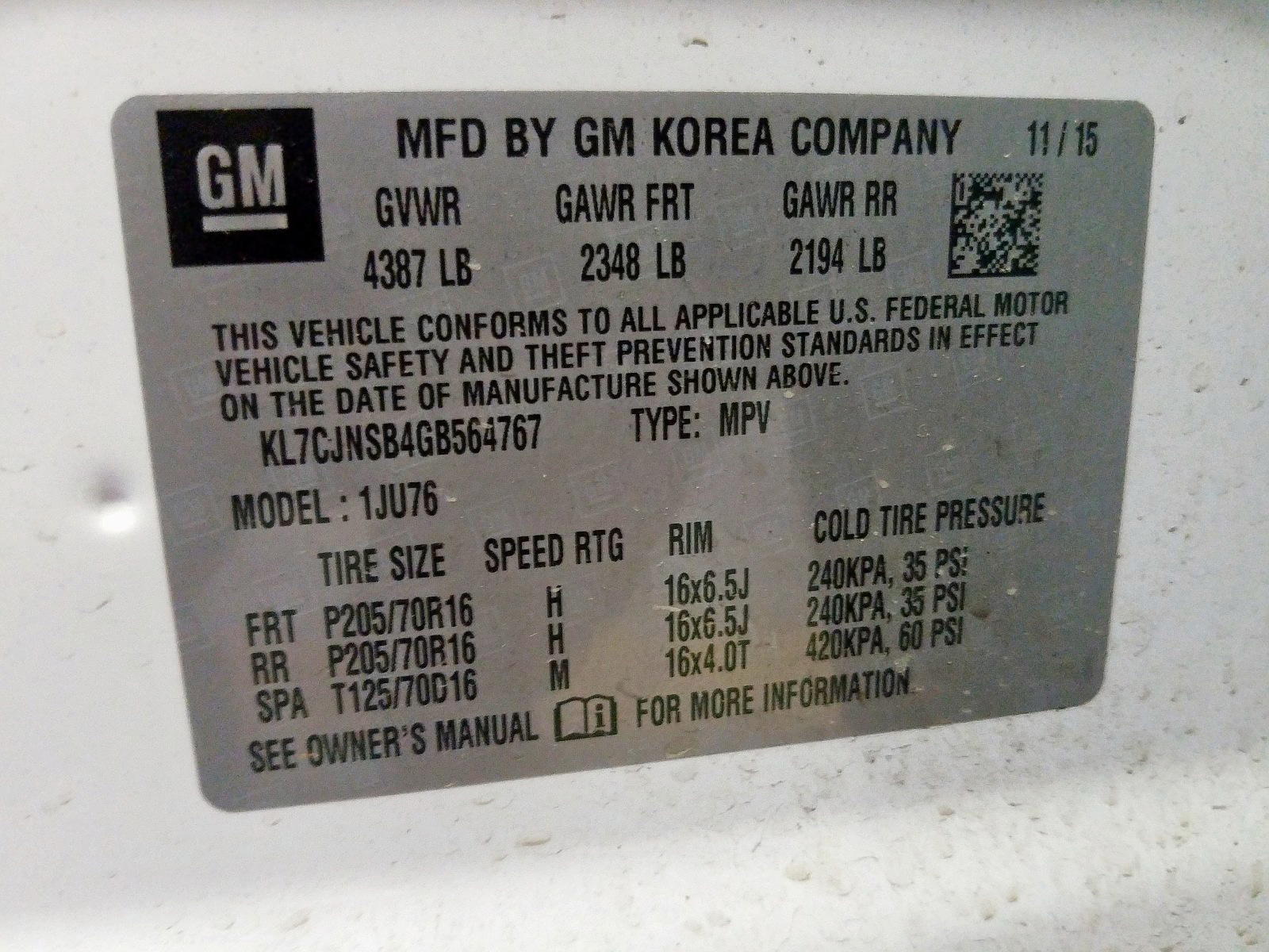 Photo 10 from auction – 2016 CHEVROLET TRAX LS with VIN KL7CJNSB4GB564767
