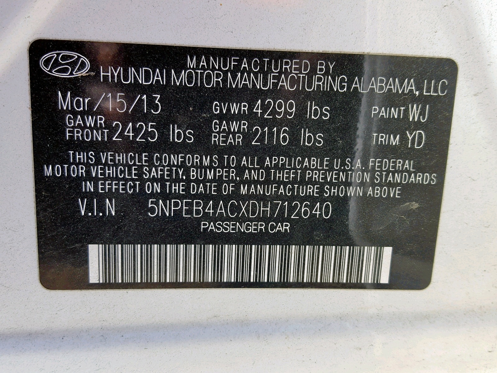 Photo 10 from auction – 2013 HYUNDAI SONATA GLS with VIN 5NPEB4ACXDH712640