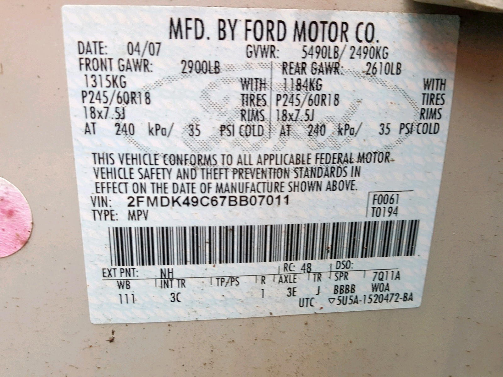 Photo 10 from auction – 2007 FORD EDGE SEL P with VIN 2FMDK49C67BB07011