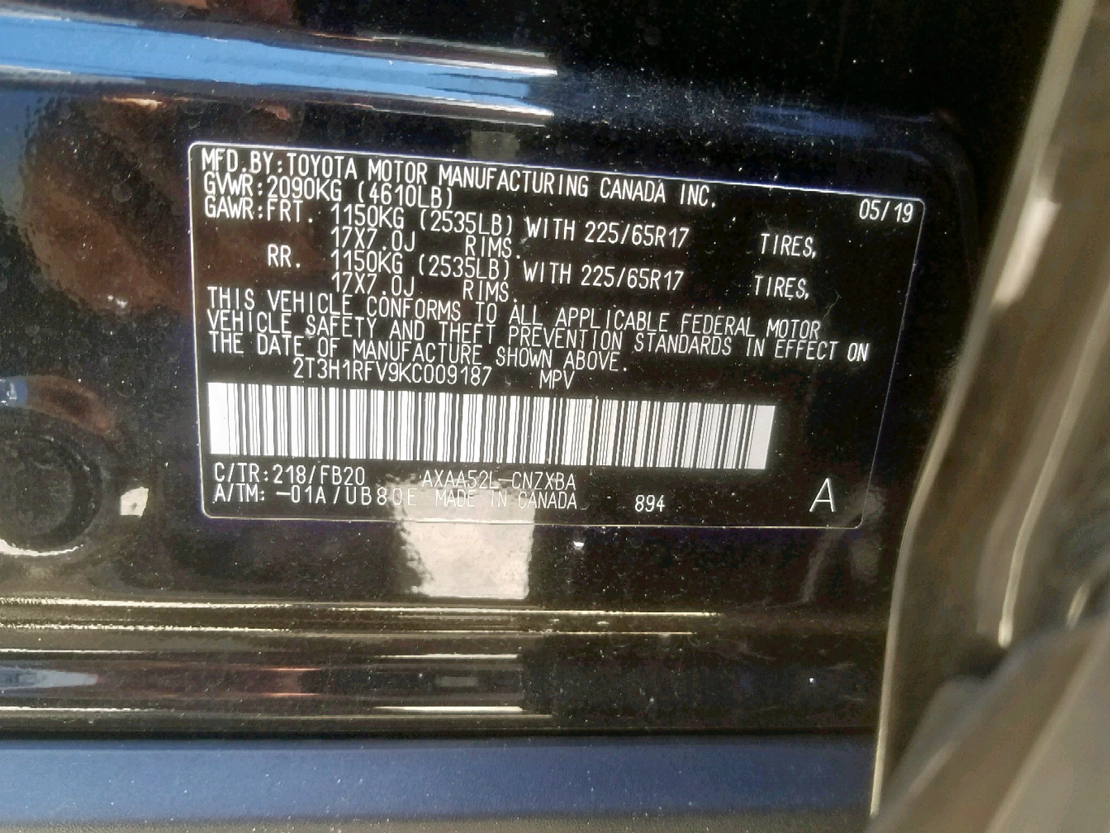 Photo 10 from auction – 2019 TOYOTA RAV4 LE with VIN 2T3H1RFV9KC009187