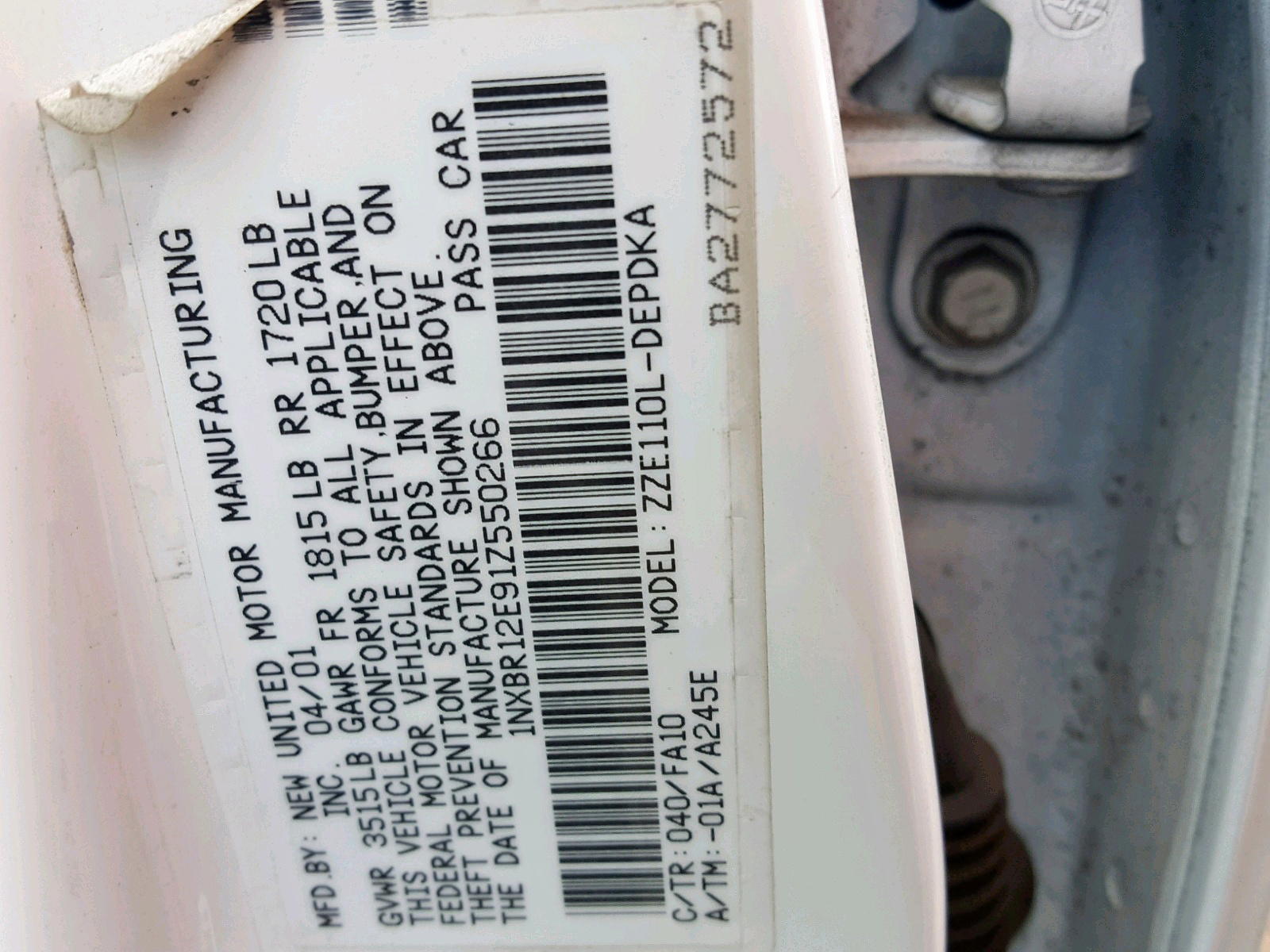 Photo 10 from auction – 2001 TOYOTA COROLLA CE with VIN 1NXBR12E91Z550266
