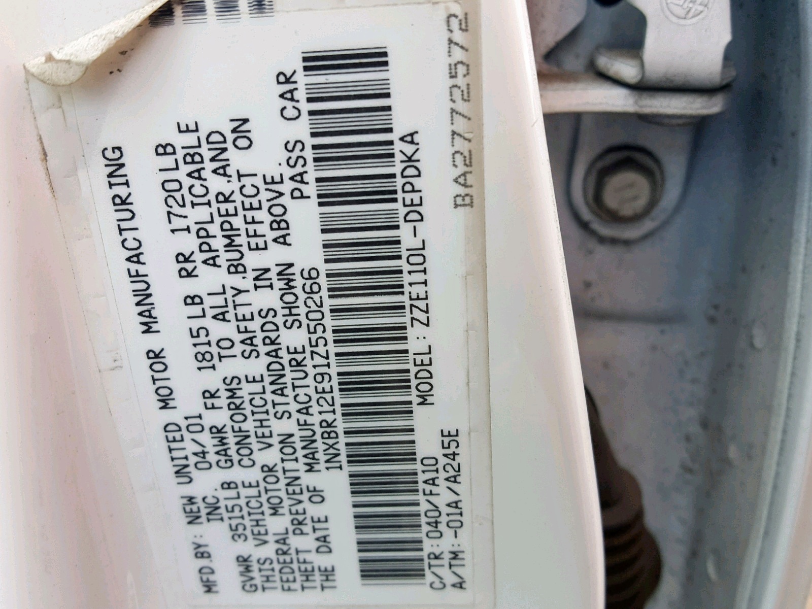 Zdjęcie 10 z aukcji – 2001 TOYOTA COROLLA CE z VIN 1NXBR12E91Z550266