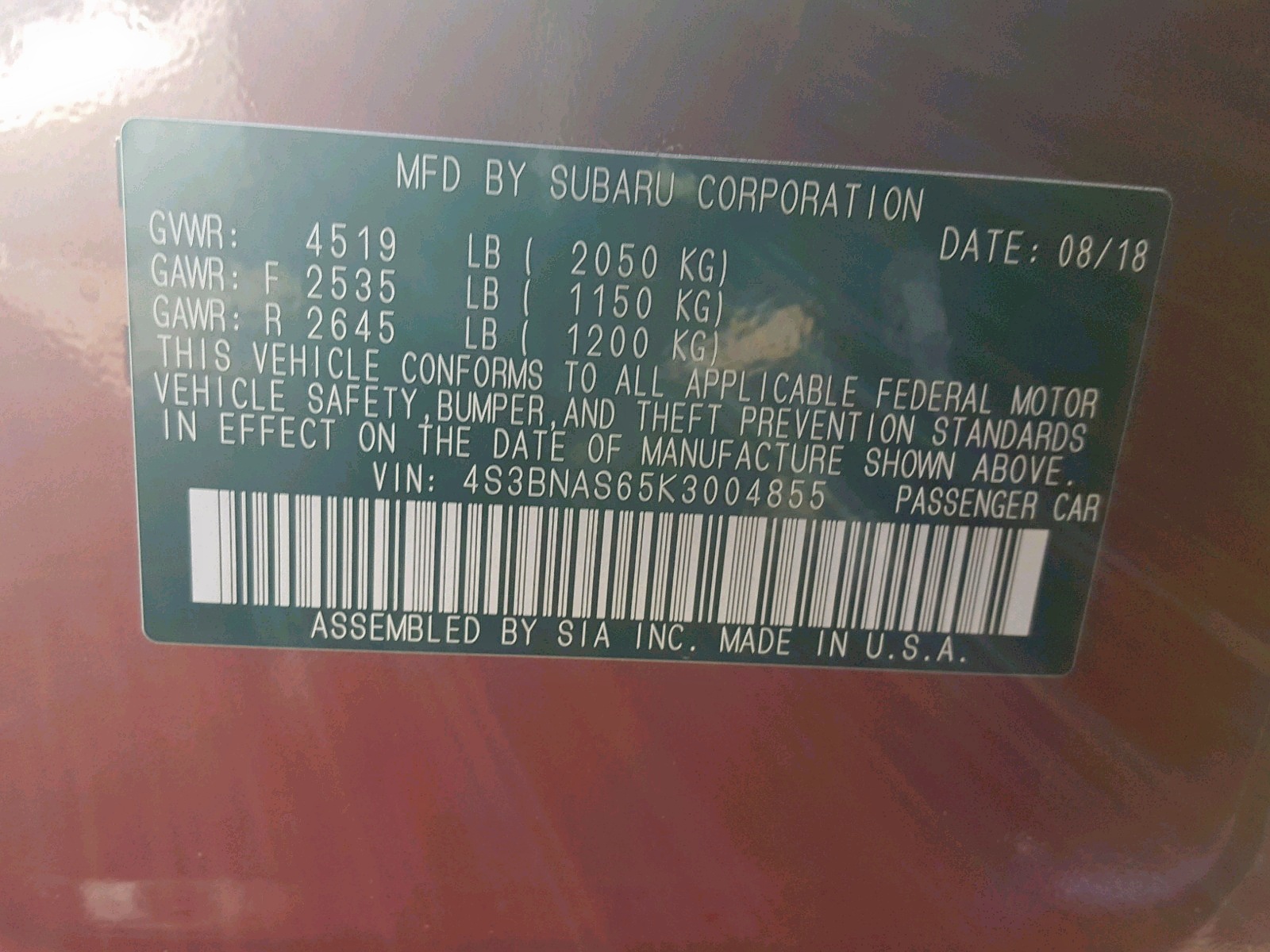 Photo 10 from auction – 2019 SUBARU LEGACY SPO with VIN 4S3BNAS65K3004855