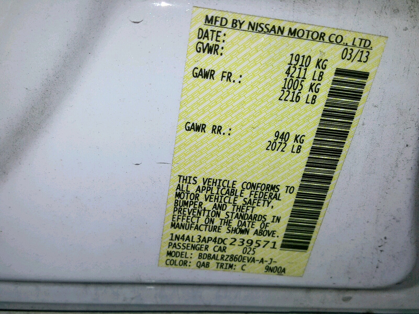 Photo 10 from auction – 2013 NISSAN ALTIMA 2.5 with VIN 1N4AL3AP4DC239571