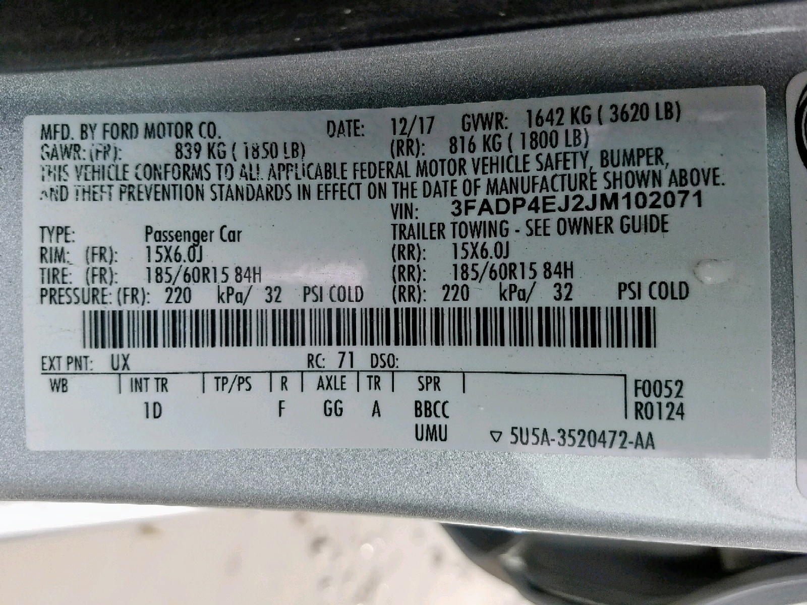 Photo 10 from auction – 2018 FORD FIESTA with VIN 3FADP4EJ2JM102071