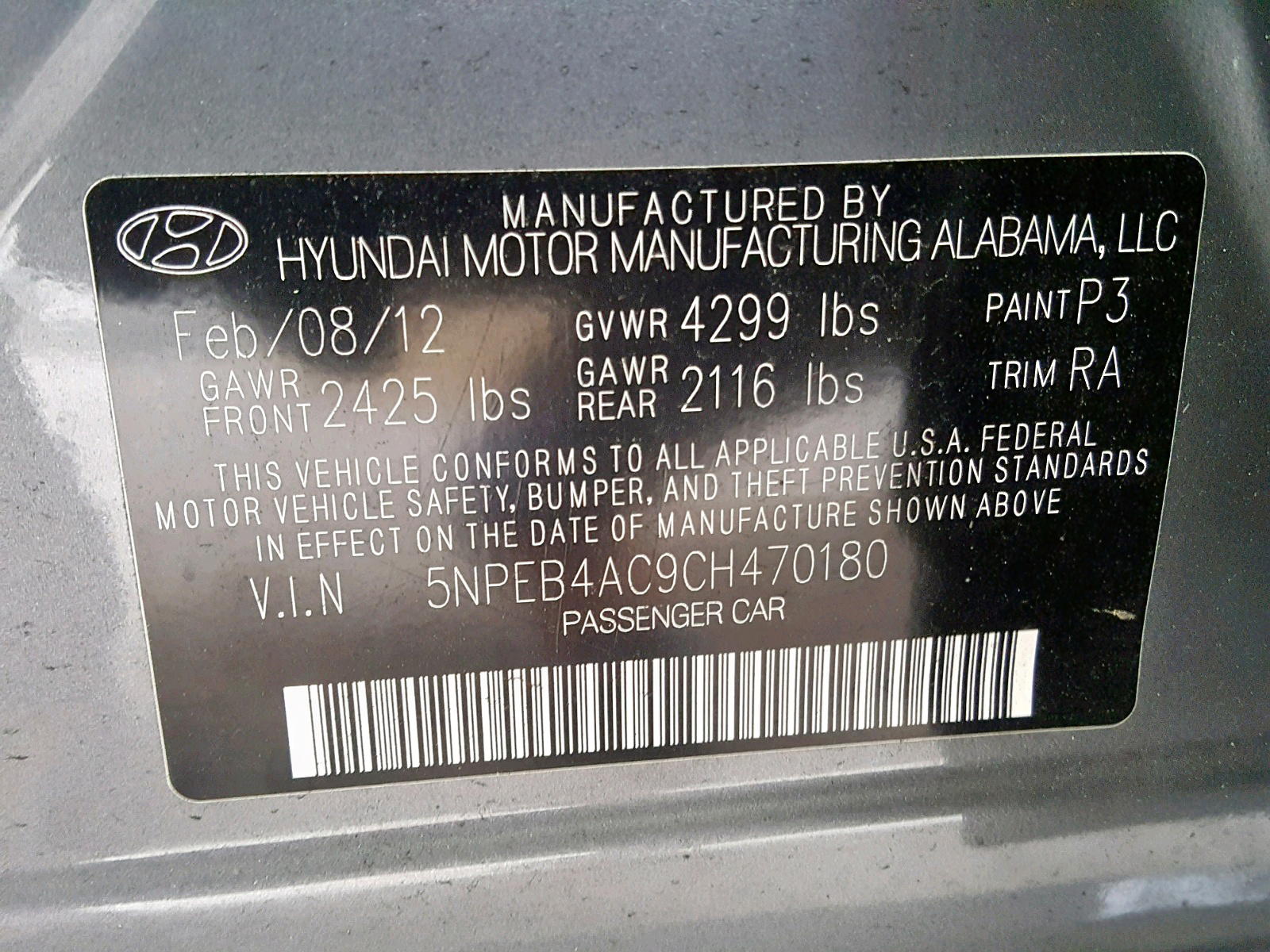 Photo 20 from auction – 2012 HYUNDAI SONATA GLS with VIN 5NPEB4AC9CH470180