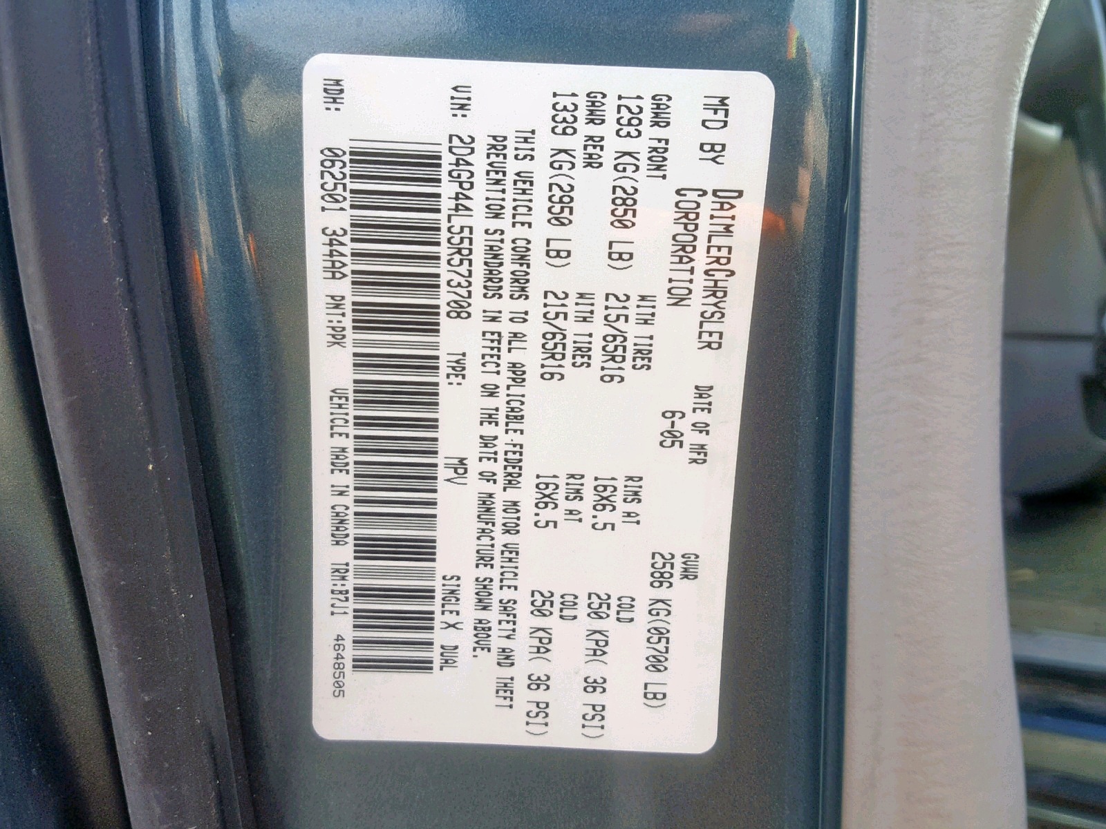 Photo 10 from auction – 2005 DODGE GRAND CARA with VIN 2D4GP44L55R573708