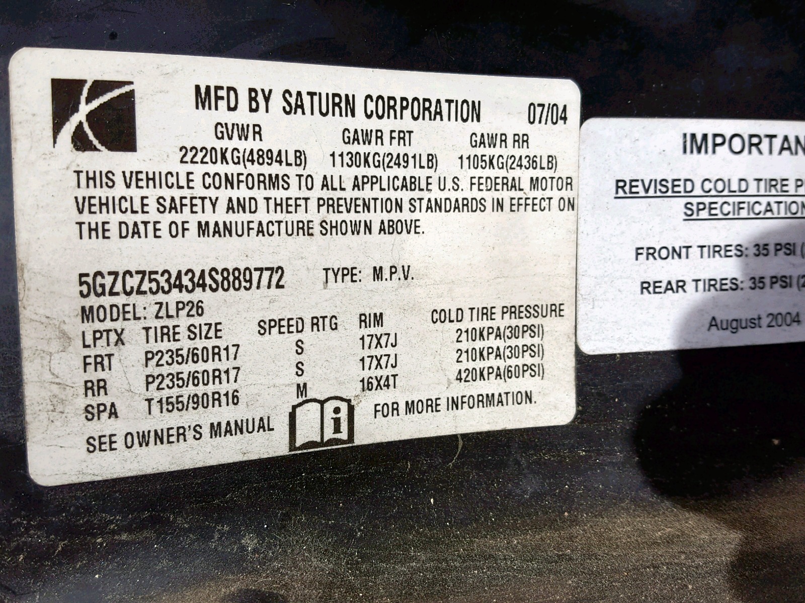 Photo 10 from auction – 2004 SATURN VUE with VIN 5GZCZ53434S889772