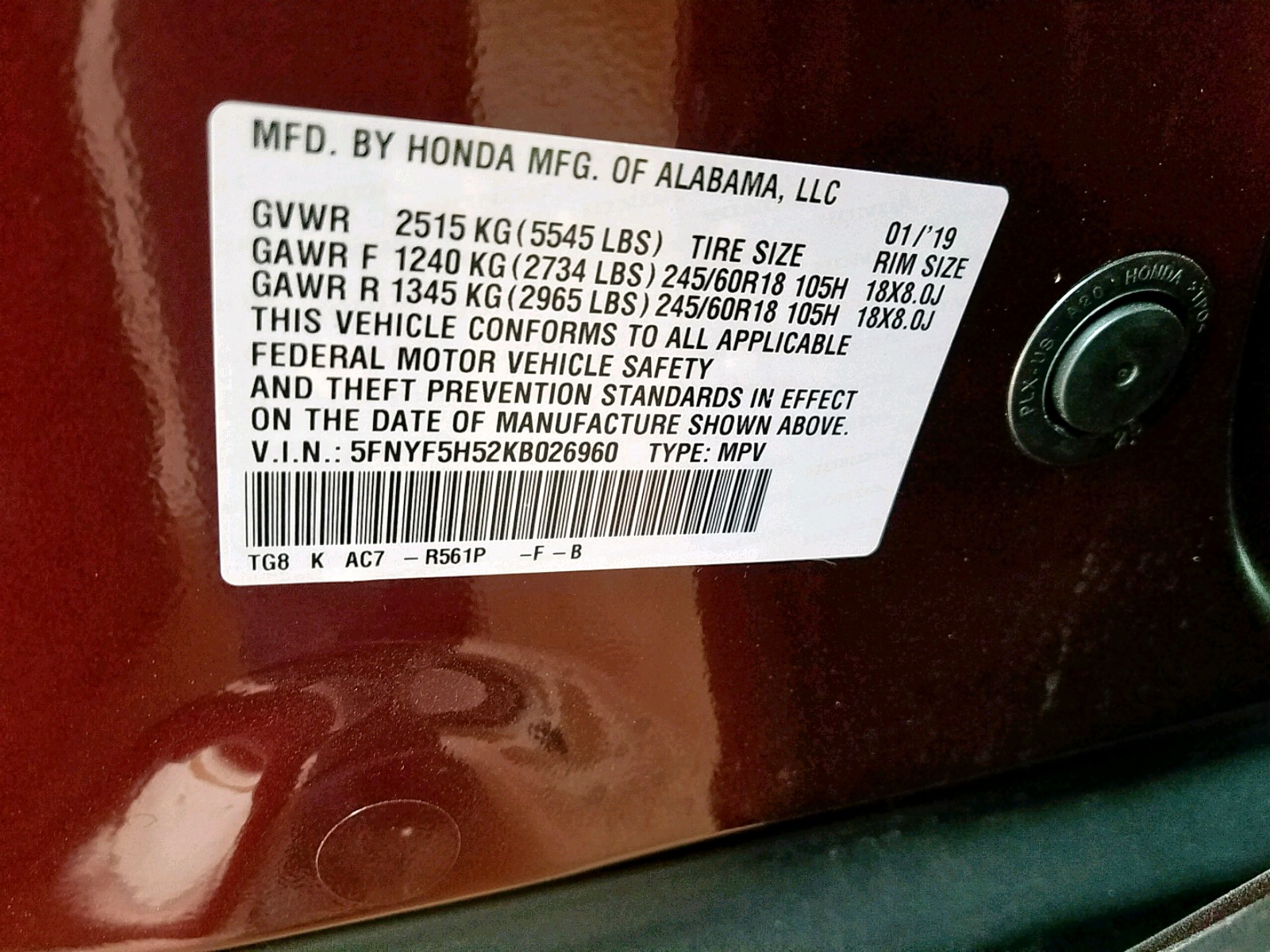 Photo 10 from auction – 2019 HONDA PILOT EXL with VIN 5FNYF5H52KB026960