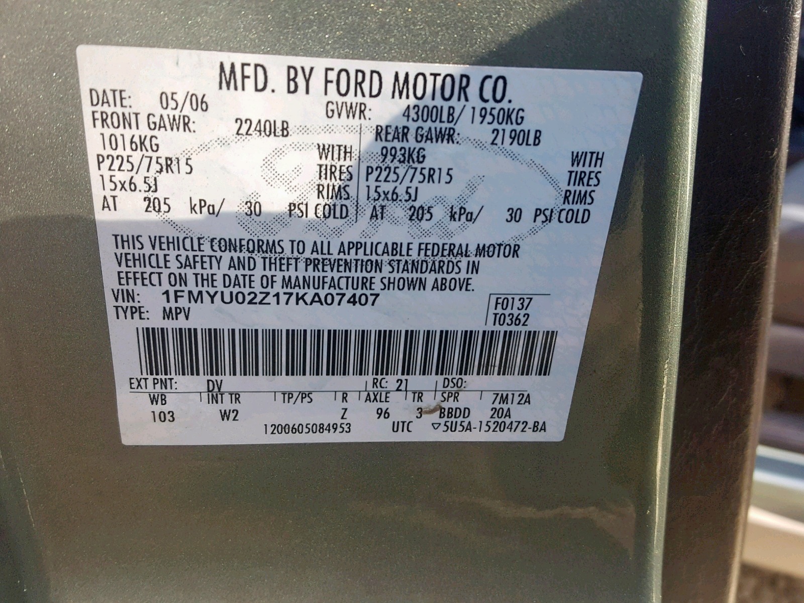 Photo 10 from auction – 2007 FORD ESCAPE XLS with VIN 1FMYU02Z17KA07407