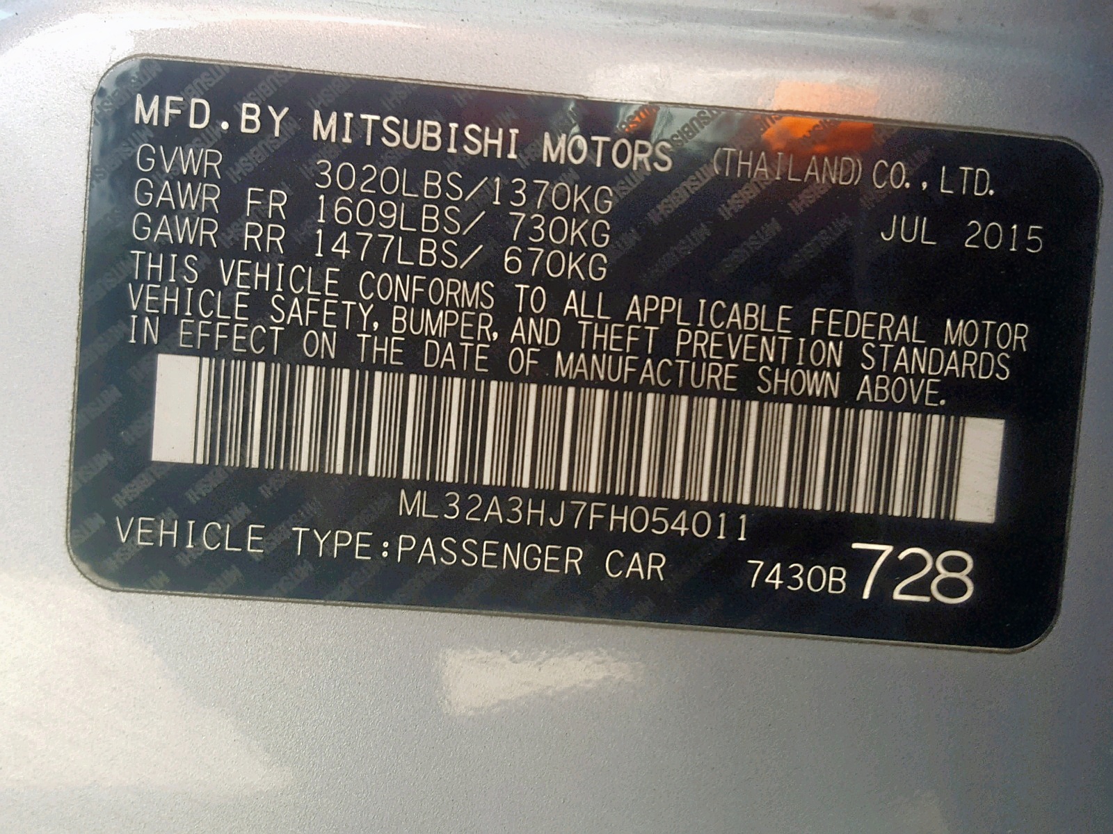 Photo 10 from auction – 2015 MITSUBISHI MIRAGE DE with VIN ML32A3HJ7FH054011