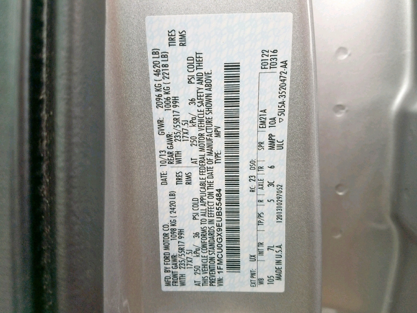 Photo 10 from auction – 2014 FORD ESCAPE SE with VIN 1FMCU0GX9EUB55484