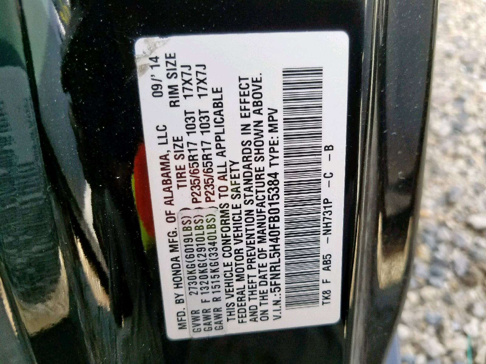 Photo 10 from auction – 2015 HONDA ODYSSEY EX with VIN 5FNRL5H40FB015384