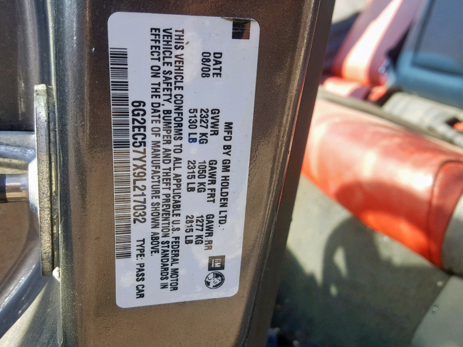 Photo 10 from auction – 2009 PONTIAC G8 with VIN 6G2EC57YX9L217032