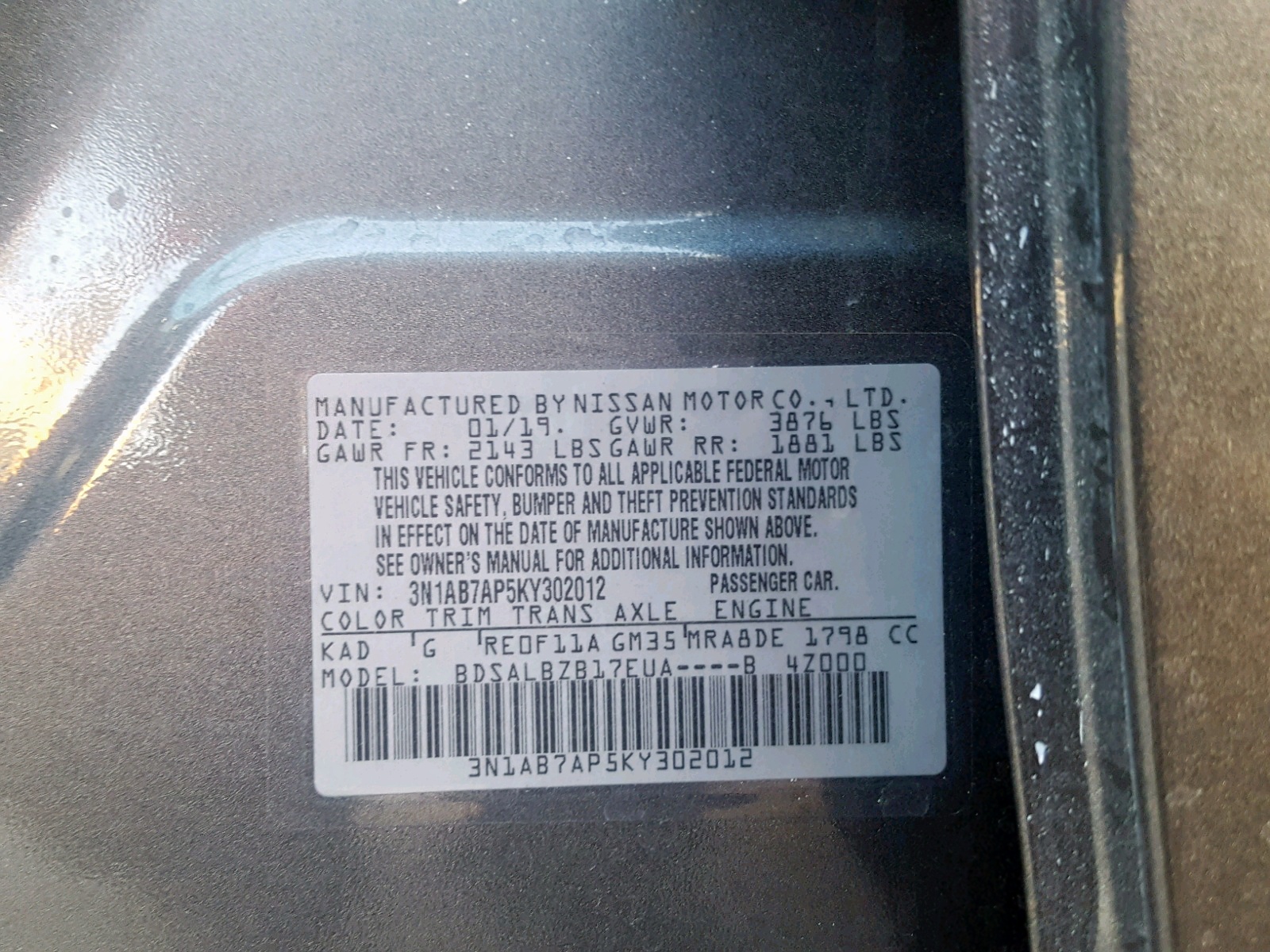 Photo 10 from auction – 2019 NISSAN SENTRA S with VIN 3N1AB7AP5KY302012