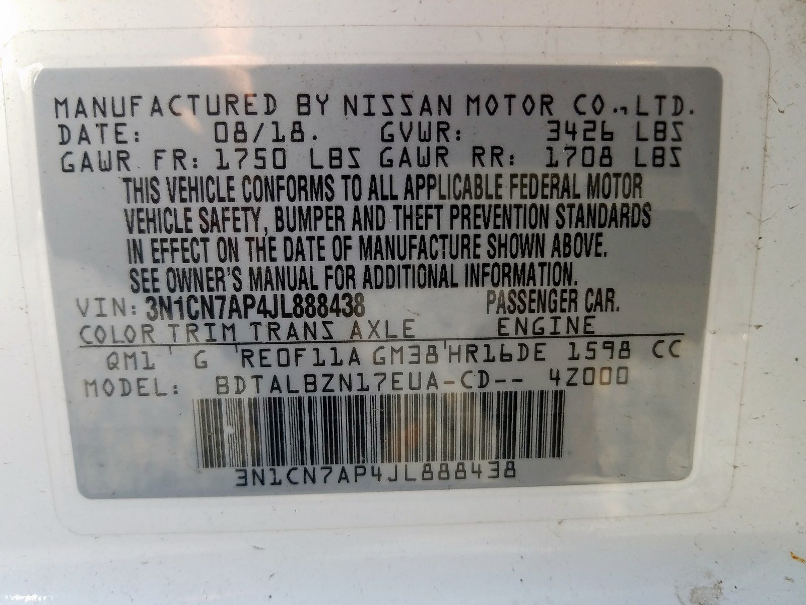 Photo 10 from auction – 2018 NISSAN VERSA S with VIN 3N1CN7AP4JL888438