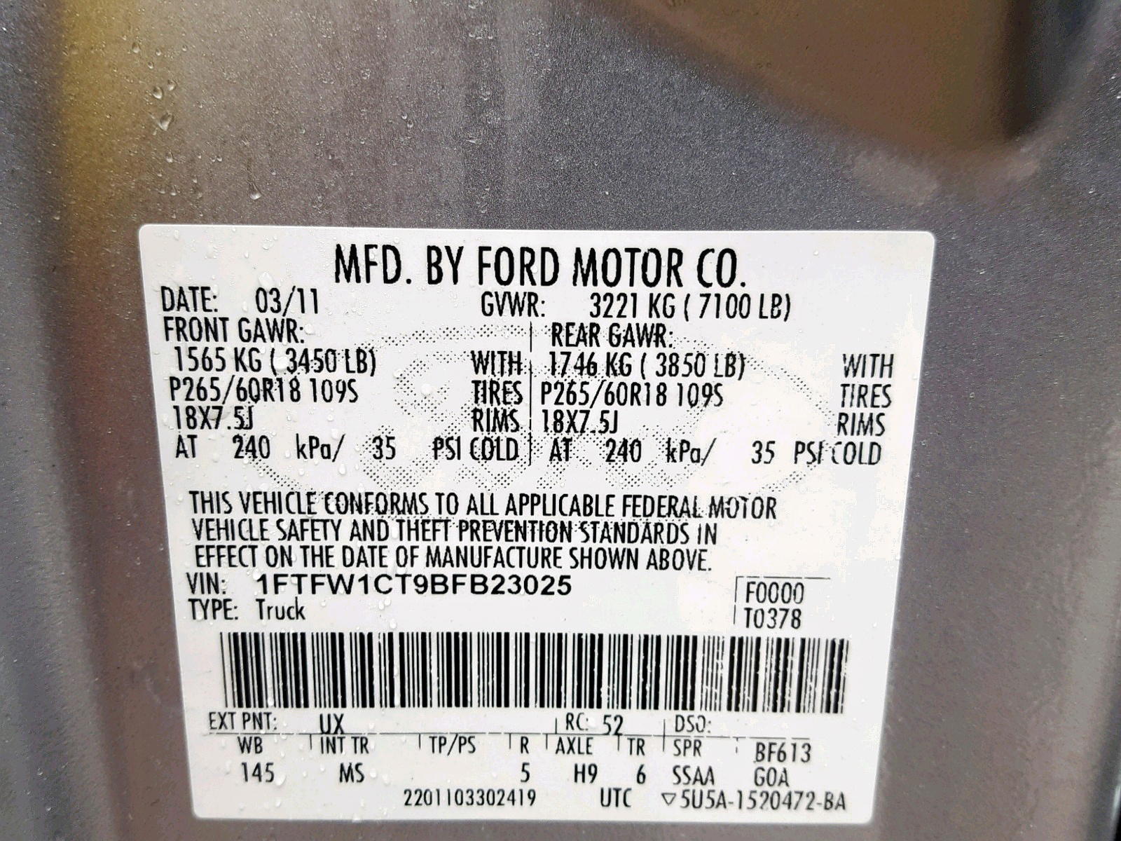 Photo 10 from auction – 2011 FORD F150 SUPER with VIN 1FTFW1CT9BFB23025
