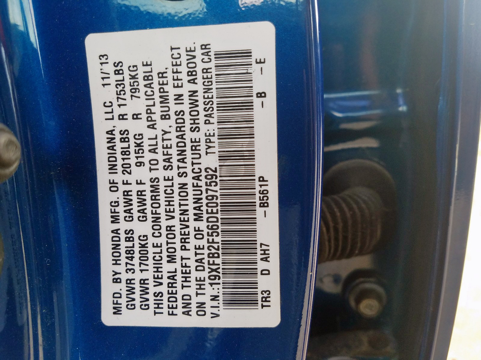 Photo 10 from auction – 2013 HONDA CIVIC LX with VIN 19XFB2F56DE097592