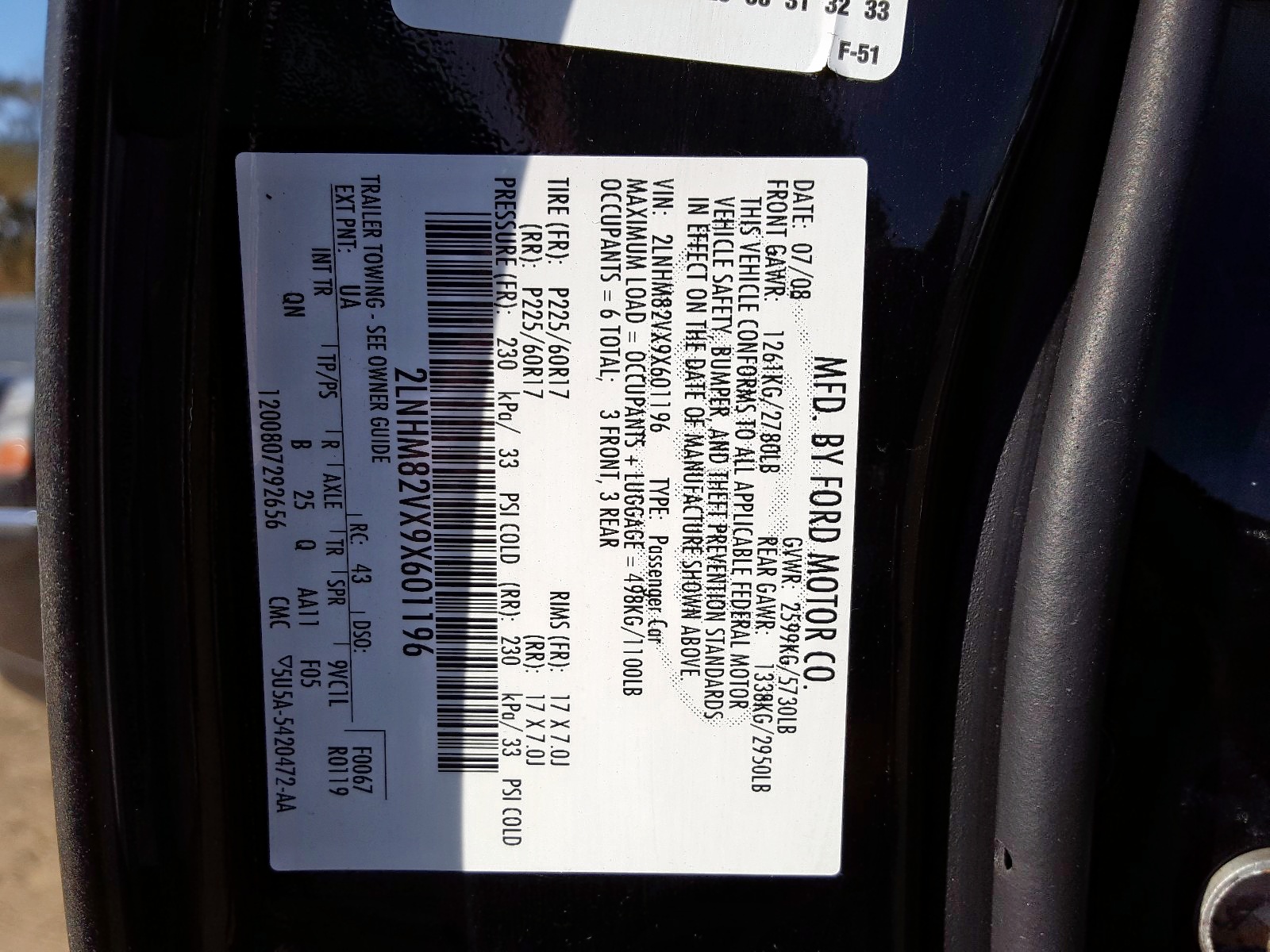 Photo 10 from auction – 2009 LINCOLN TOWN CAR S with VIN 2LNHM82VX9X601196