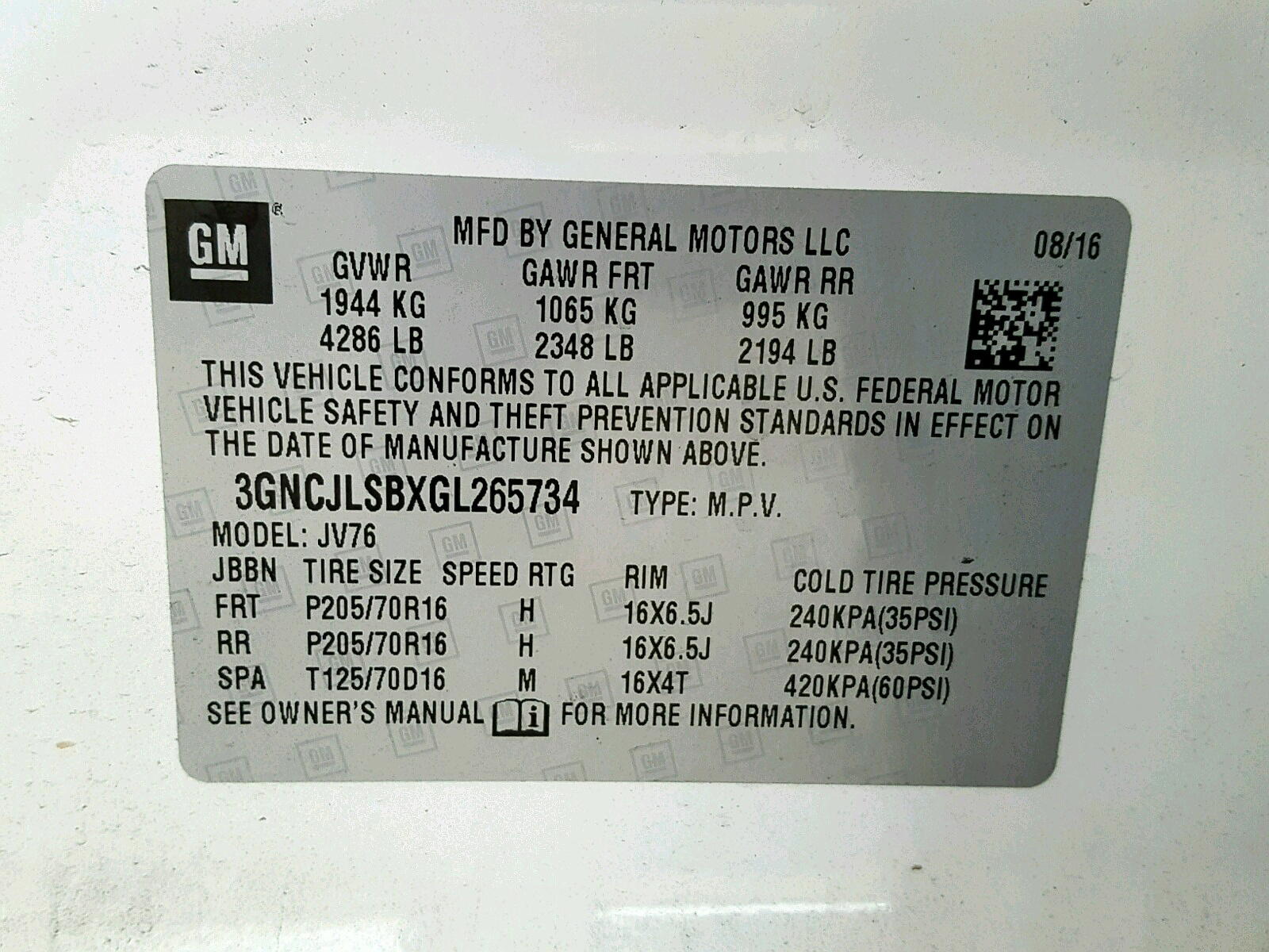 Photo 10 from auction – 2016 CHEVROLET TRAX 1LT with VIN 3GNCJLSBXGL265734